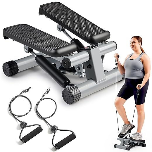 Sunny Health & Fitness Mini Steppers for Exercise at Home, Stair Step Workout Machine with Resistance Bands, Full Body Cardio Equipment, Optional Smart Stepper with SunnyFit App Connection