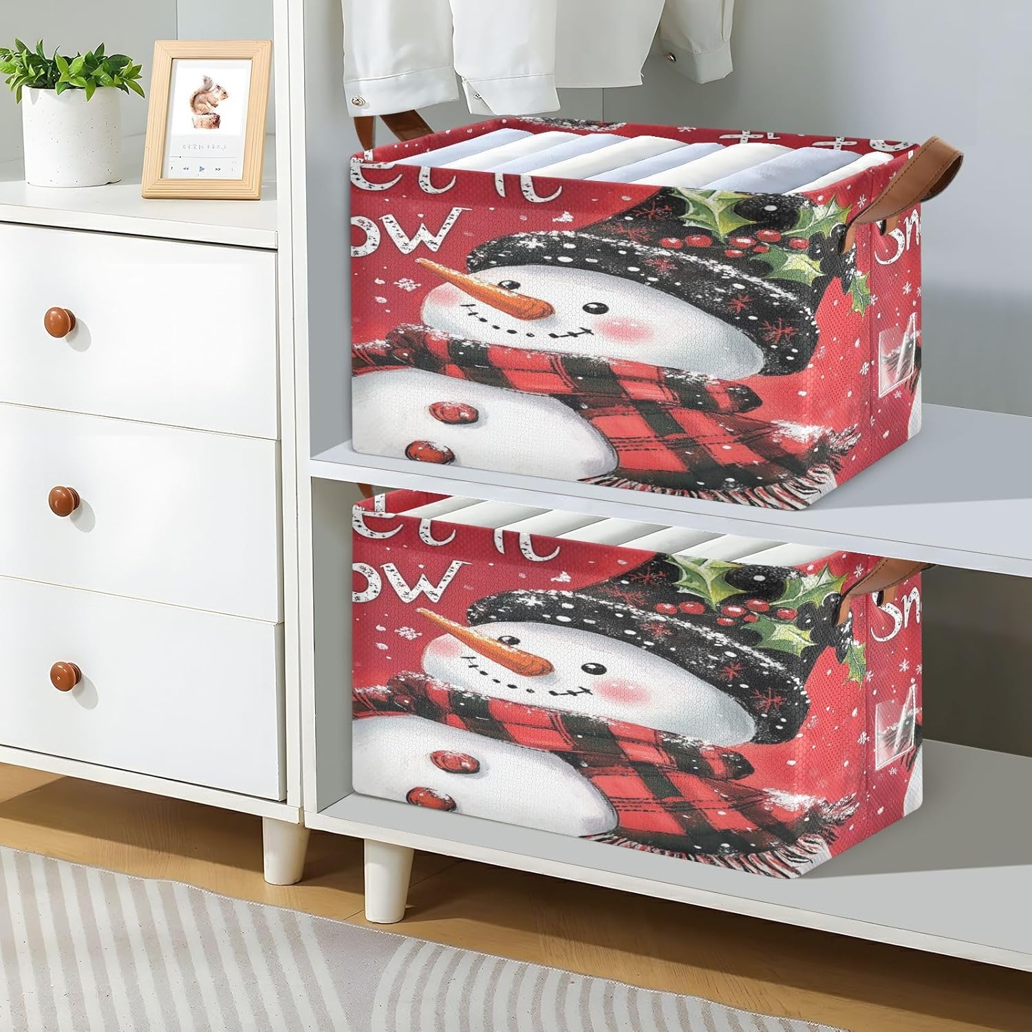 Snowman Christmas Red 2 Pack Fabric Storage Bins for Shelves Collapsible Cube Storage Bin Basket Storage Cubes with Handle Under The Bed Storage Bins for Closet Clothes Home Office
