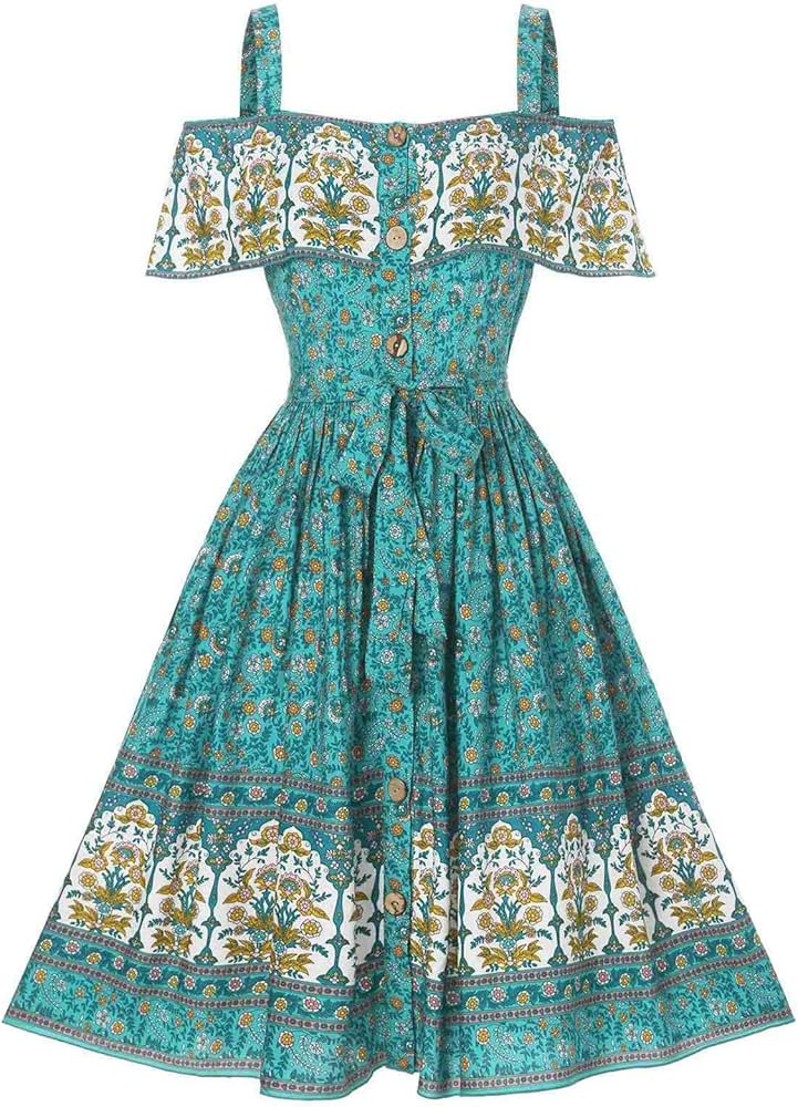 Women's Boho Off Shoulder Sun Dress Print Knee Length Layer Ruffle Dress  Belted Tie Front Babydoll Dress A Line Beach Dress