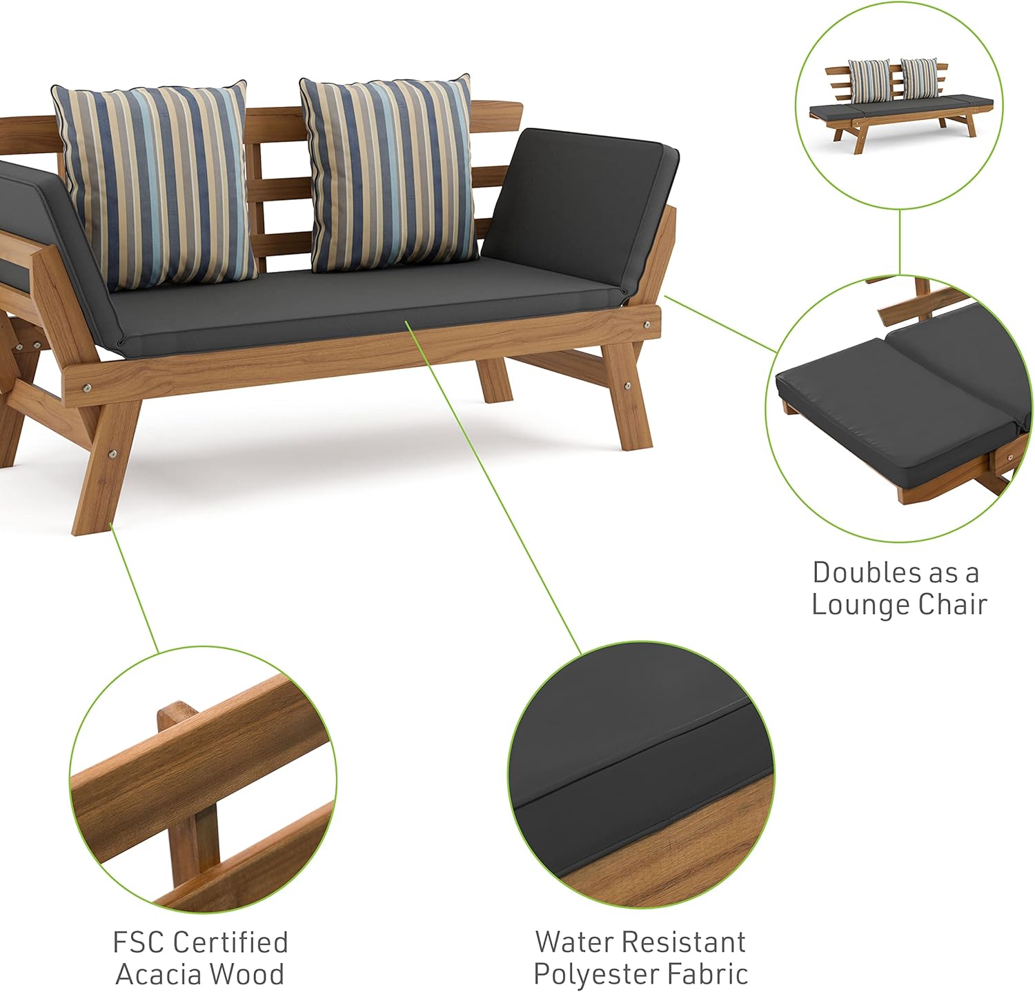Greemotion Velden Certified Acacia Natural Finish Wood Sofa Narrow Daybed Small Loveseat Patio Sofa Bed Patio Lounge Bed Wood Couch, Outdoor Convertible Daybed Porch Loveseat with Gray Cushion