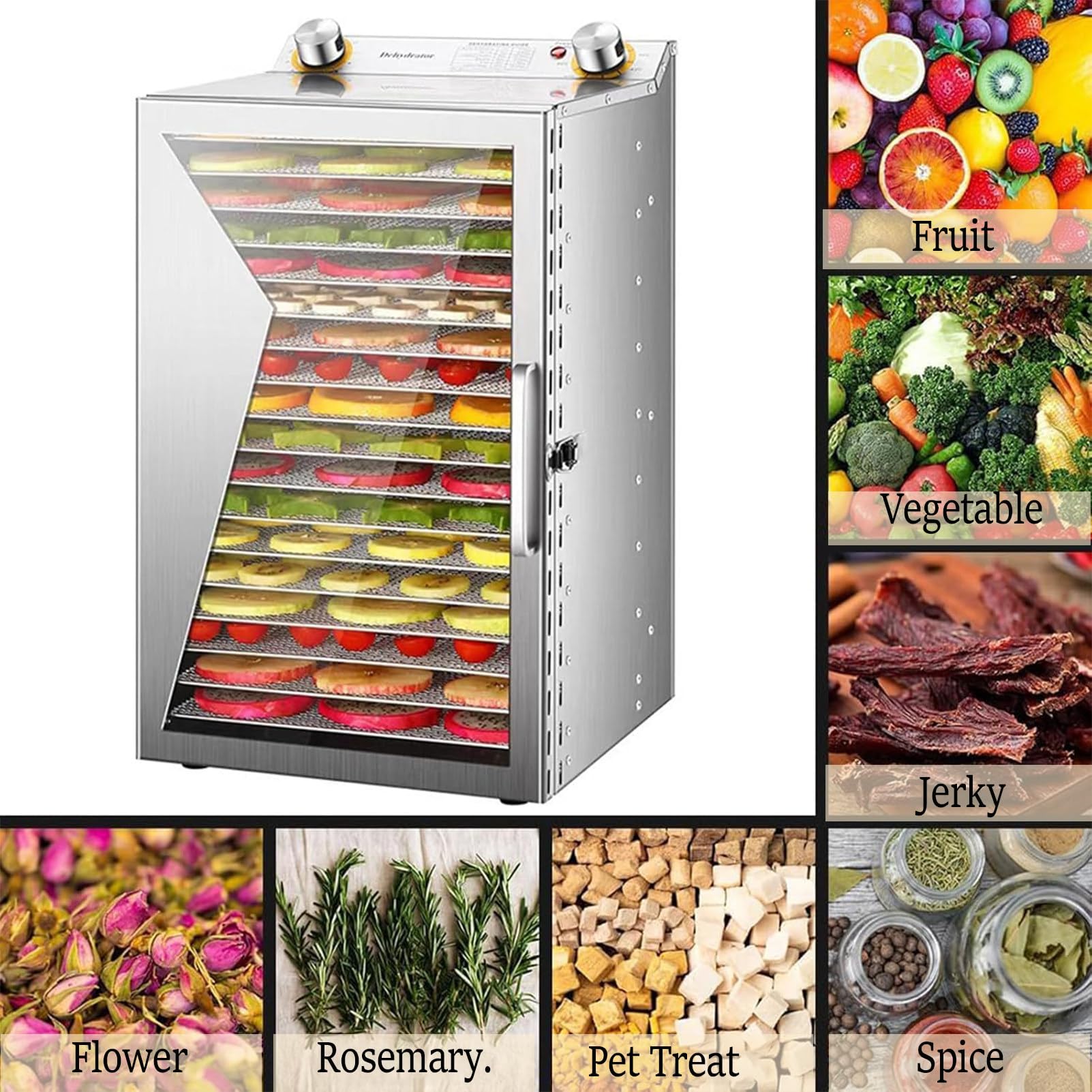 Deshidratador De Alimentos Comercial, Deshidratador De Carne Seca, Deshidratador De Alimentos De Acero Inoxidable, con Temporizador De 12 Horas, Temperatura De 30-90 °C C