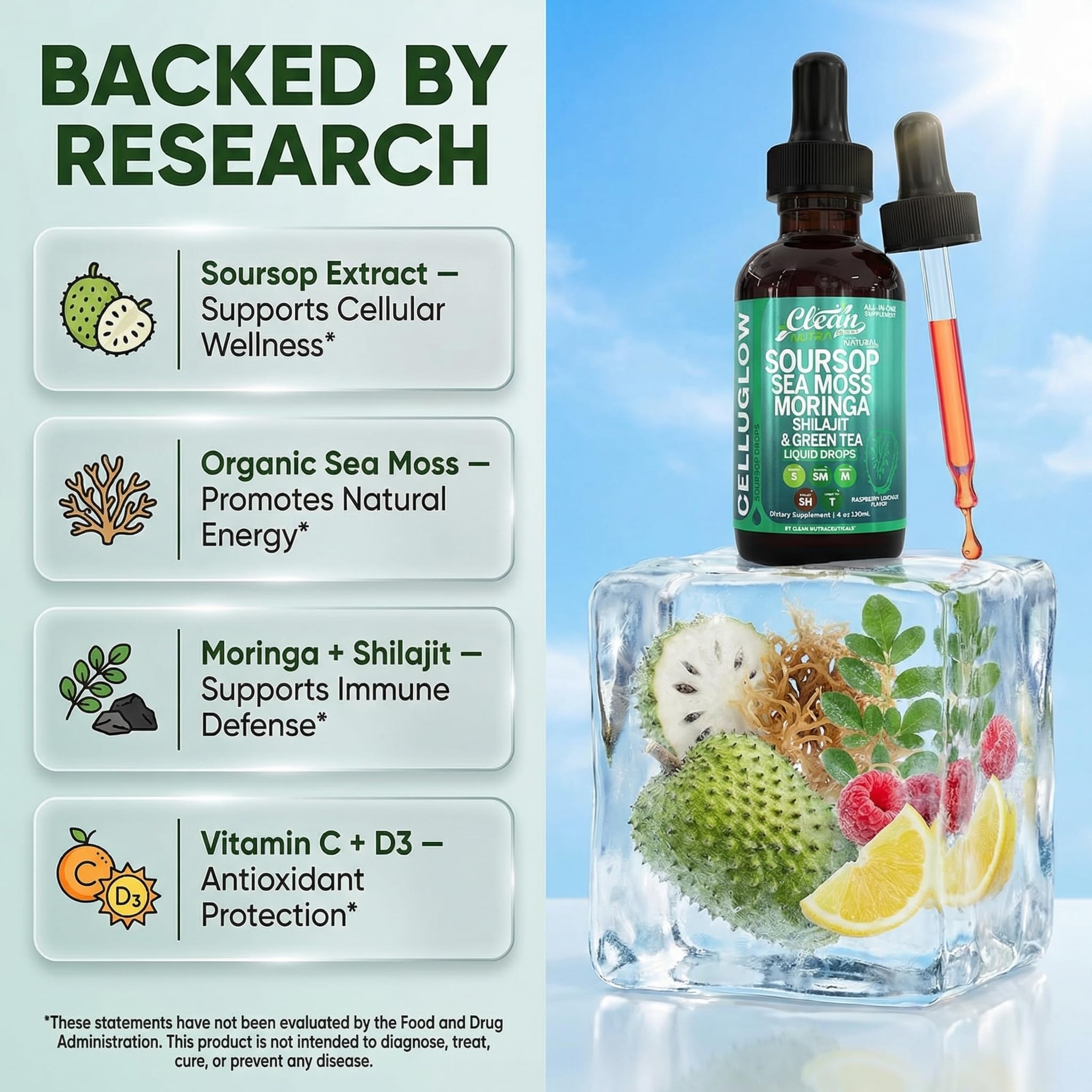 CelluGlow Soursop Bitters Liquid Drops Green Tea Extract Sea Moss Moringa Shilajit Vitamin C D3 Garlic Turmeric Ginger Reishi Mushroom Grape Seed Lycopene Immune Support Supplement by Clean Nutra 4oz — Amazon image 3