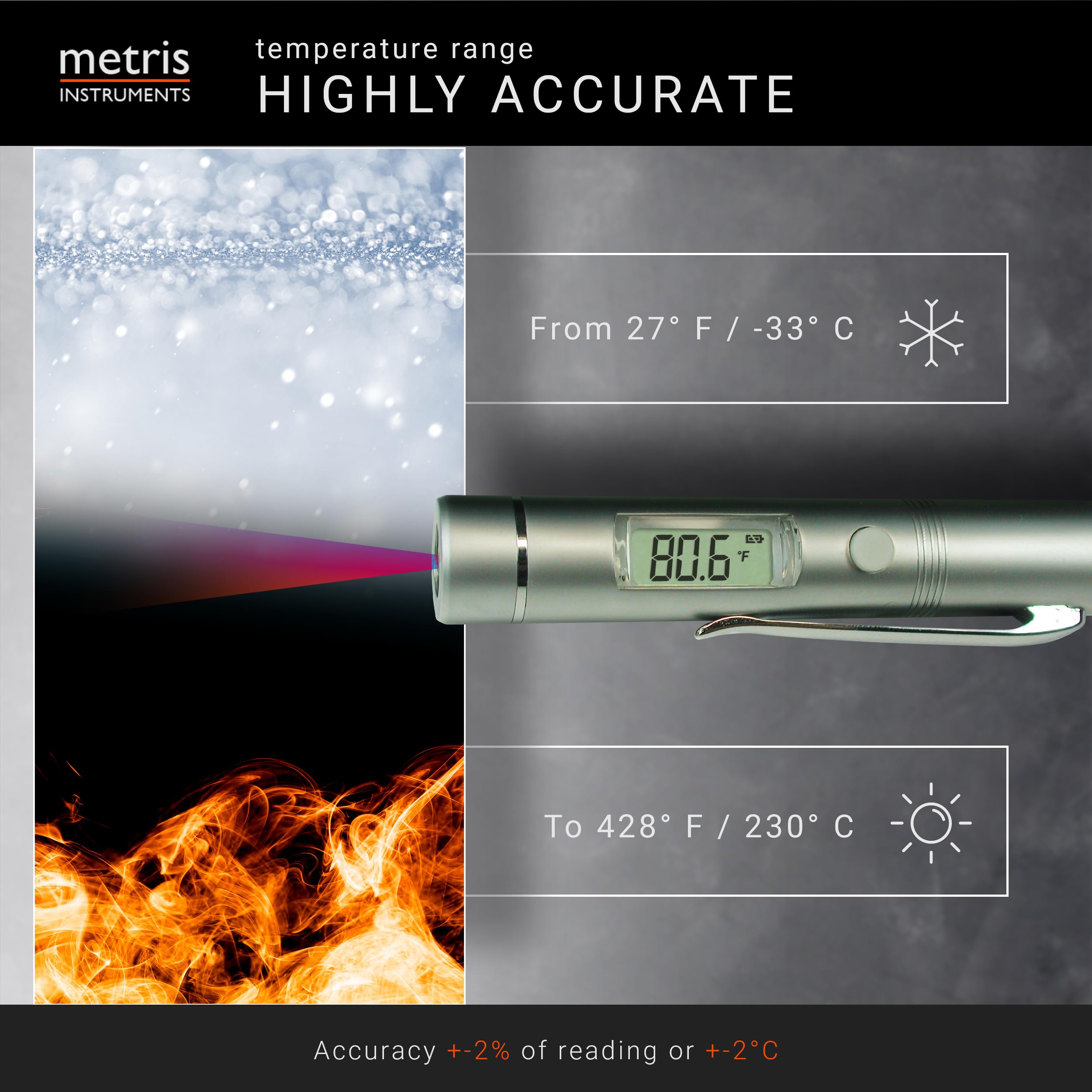 TN002PC Berührungsloses Mini Digital Infrarot Thermometer Klein 27° bis 450°F (-33° bis 230° C) 1:1 D:S Verhältnis Professionell - Automotive, Kochen und Oberflächenmessung