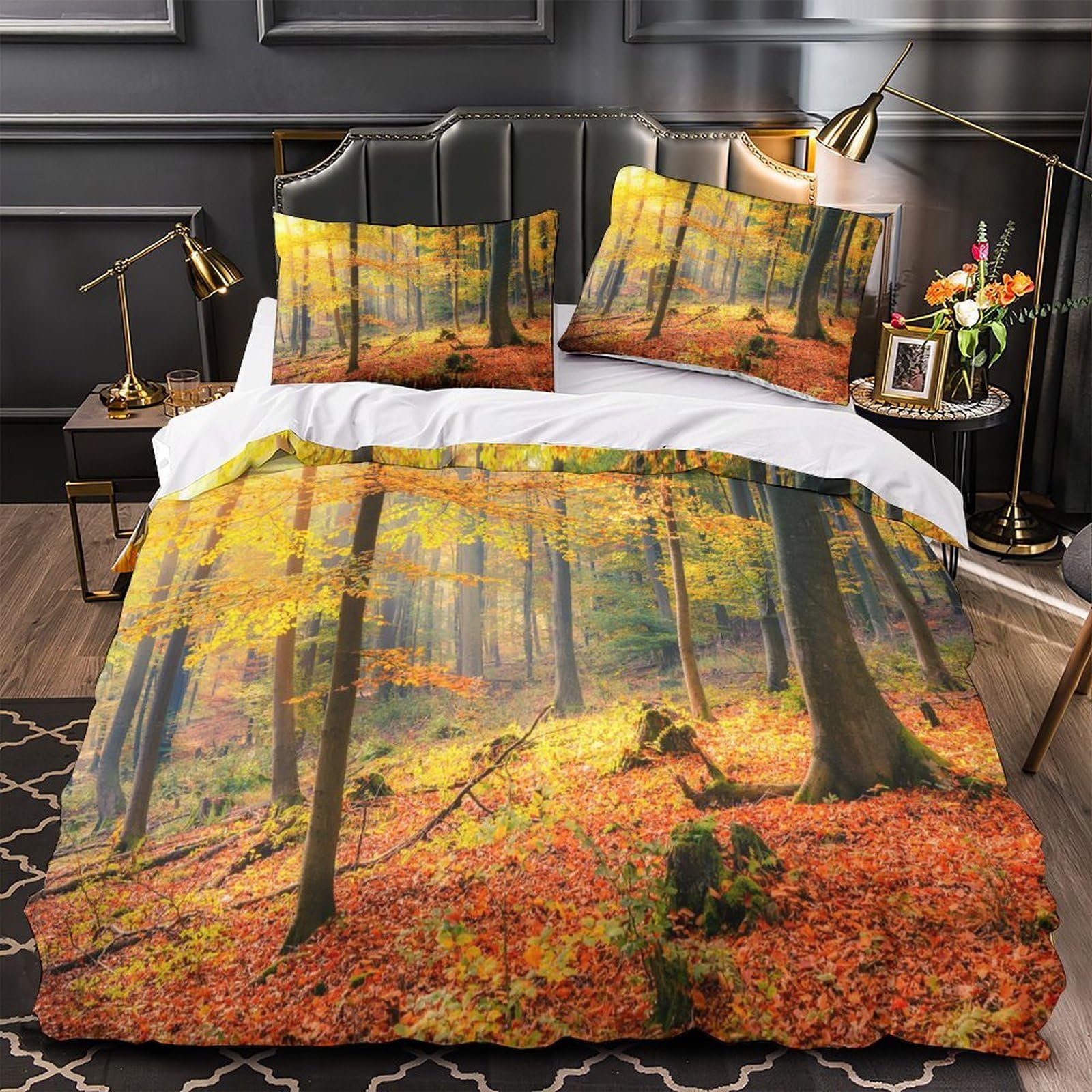 Parure de couette impression 3D relief forêt d'automne avec finition haut de gamme Super King