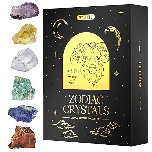 Wyspell Aries Crystal Set - 6 Raw Aries Crystals and Healing Stones - Zodiac Gifts for Women - Aries Healing Gifts - Aries Birthday Gifts - Astrology Gifts - Zodiac Crystal Set - Aries