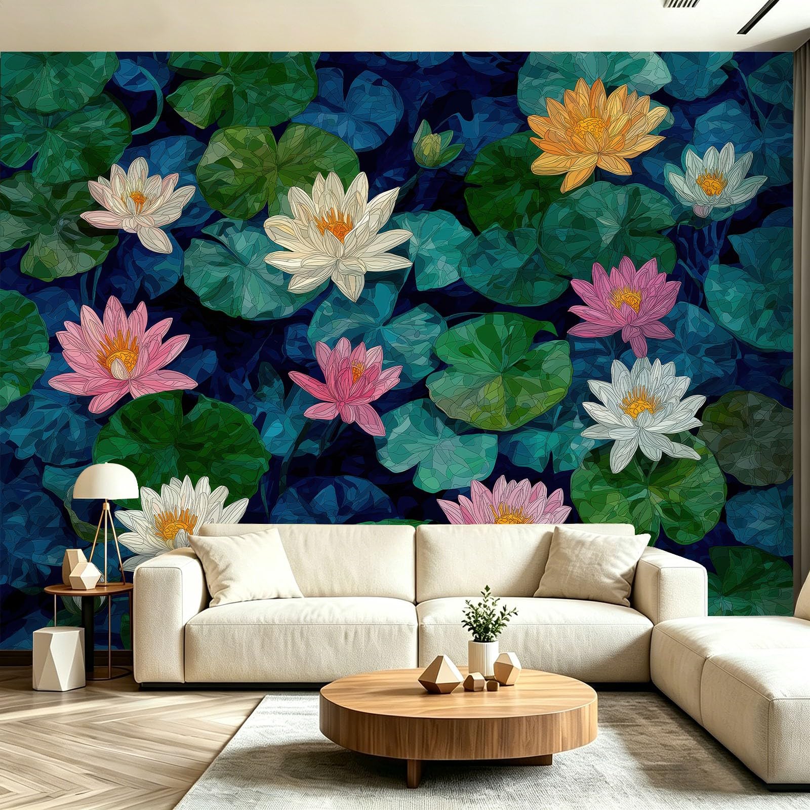 Fototapeta ciemnoniebieska, zielona, tapeta 350 x 256 cm (szer. x wys.), nowoczesna tapeta z włókniny, efekt 3D, dekoracja ścienna, orientalne lilie wodne, staw lotosowy, tapeta ścienna do salonu
