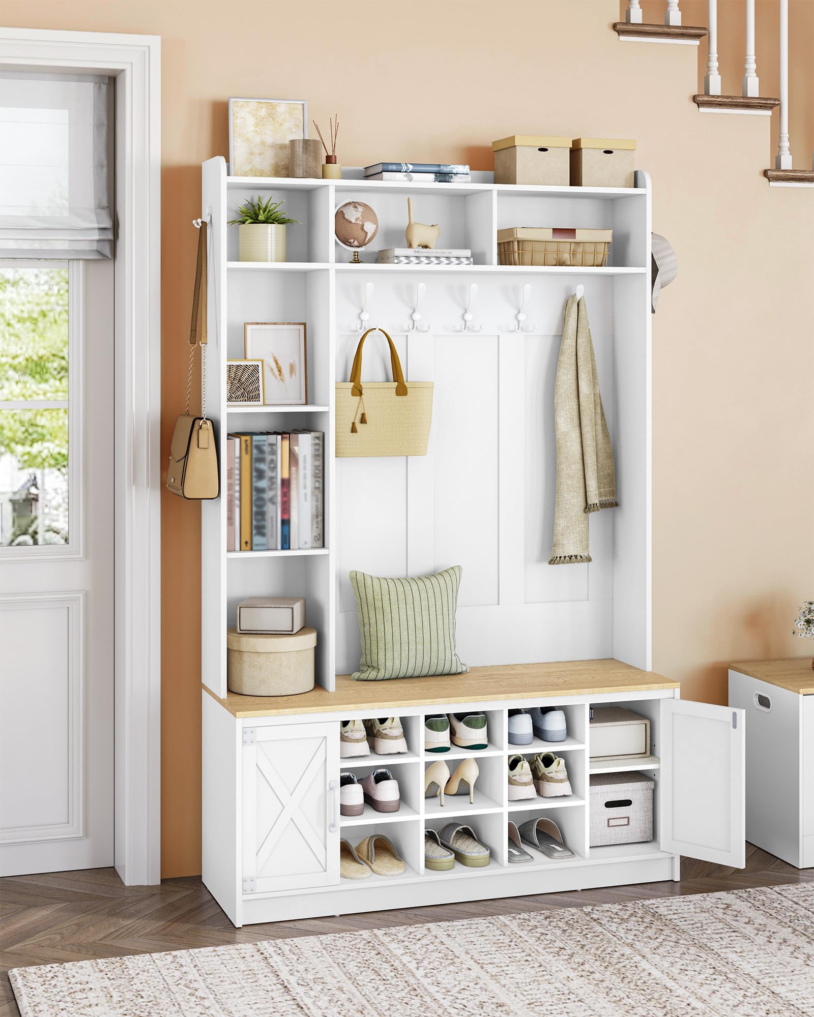 Hzuaneri Porte-Manteau avec Banc à Chaussures, LED, Blanc-Jaune | Meuble d'Entrée, Vestiaire, 7 Crochets, Étagères Réglables, pour Entrée, Couloir, 40,3 x 120 x 191 cm, HT24603XEU