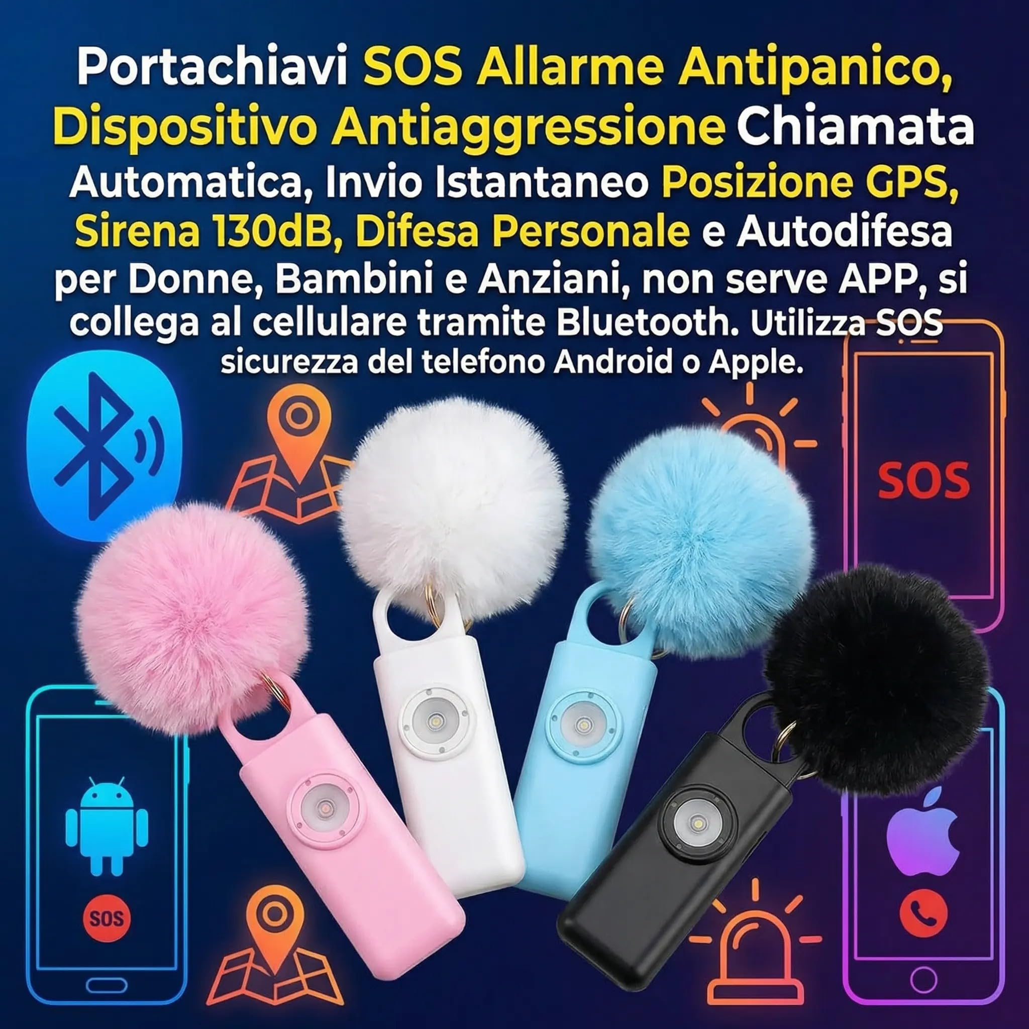 Portachiavi SOS Allarme Antipanico, Dispositivo Antiaggressione Chiamata Automatica, Invio Istantaneo Posizione GPS, Sirena 130dB, Difesa Personale e Autodifesa per Donne, Bambini e Anziani (Rosa)
