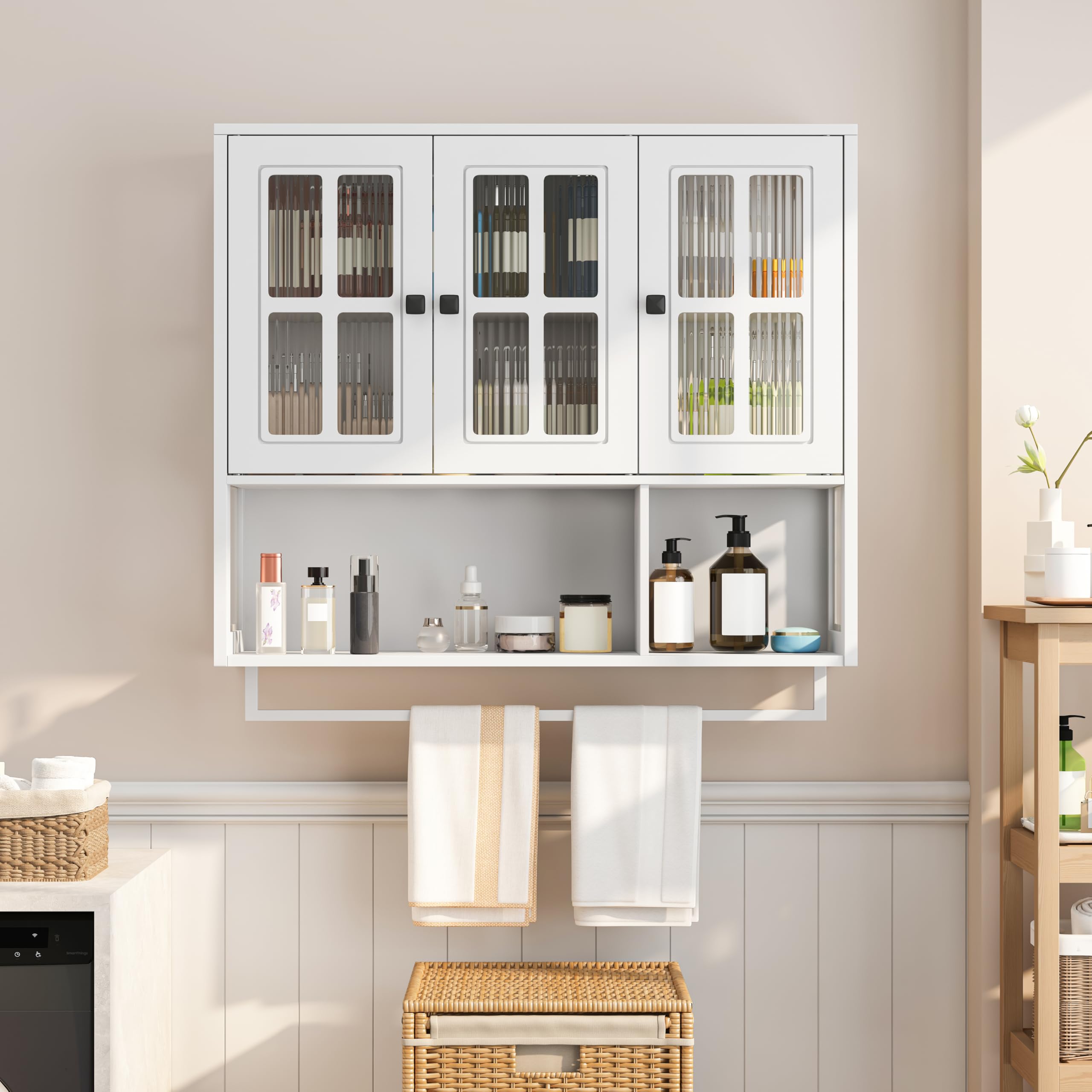 HAINEW Hängeschrank Küchenschrank Wandschrank mit 3 Glastüren und Handtuchhalter, Metal und Glas Hängend Badschrank Medizinschrank mit Offenes Ablagefach Küche Bad, 88×26×82,5cm (Weiß)