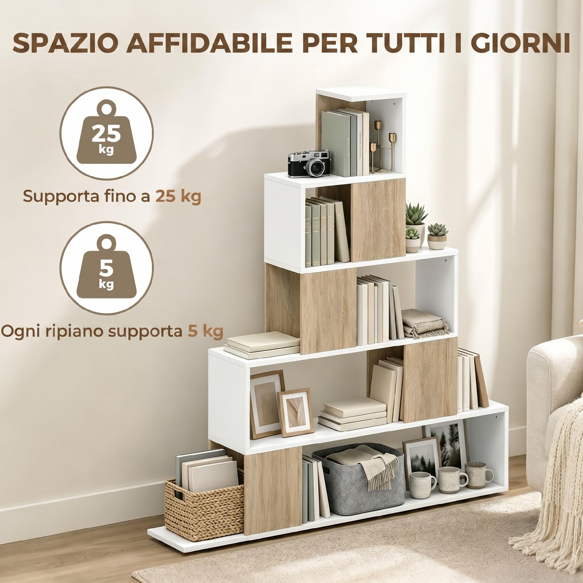 HOMCOM Libreria Cubo, Scaffale a 5 Ripiani con Design a Gradini, Libreria Geometrica per Soggiorno, Studio, Camera da Letto, Bianco e Naturale