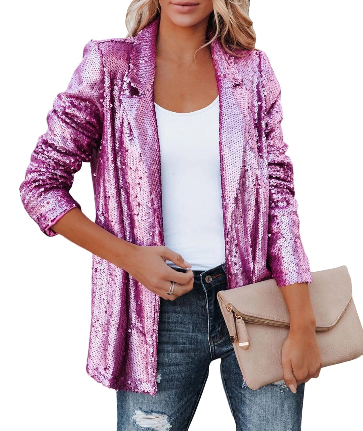 SEMATOMALA Womens Sequin Shiny Open Front Blazer Evening Party Sparkly Long Sleeve Slim Cardigan Coat