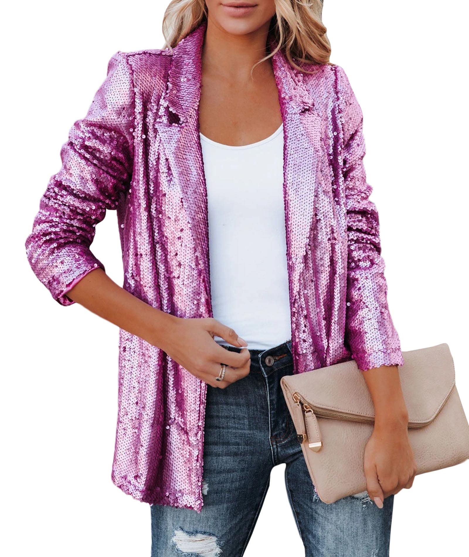 SEMATOMALA Womens Sequin Shiny Open Front Blazer Evening Party Sparkly Long Sleeve Slim Cardigan Coat