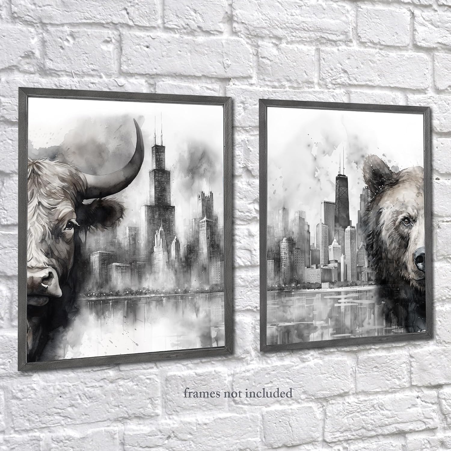 Gnosis Picture Archive Bull and Bear Chicago City Skyline Abstract Watercolor Gray and White Unframed set of 2 Wall Art Poster, Stock Market Day Trader Stock Broker Office Decor gift