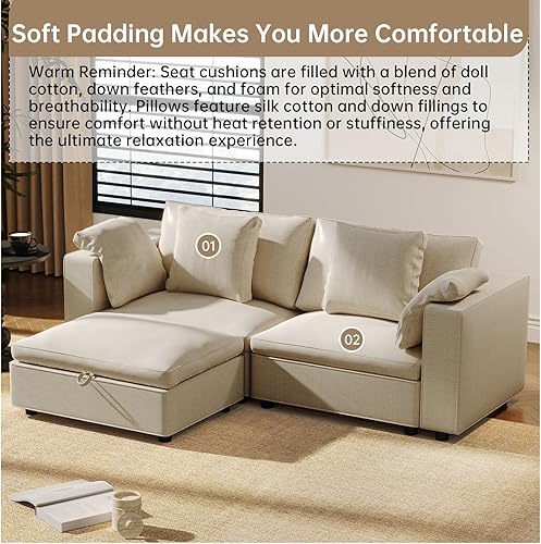 Miniatura 4 de GraceNook Sofá modular beige, sofá de algodón Queen de 9 plazas con almohadas, sofá cama modular en forma de U, 4 tumbonas extraíbles (sofá