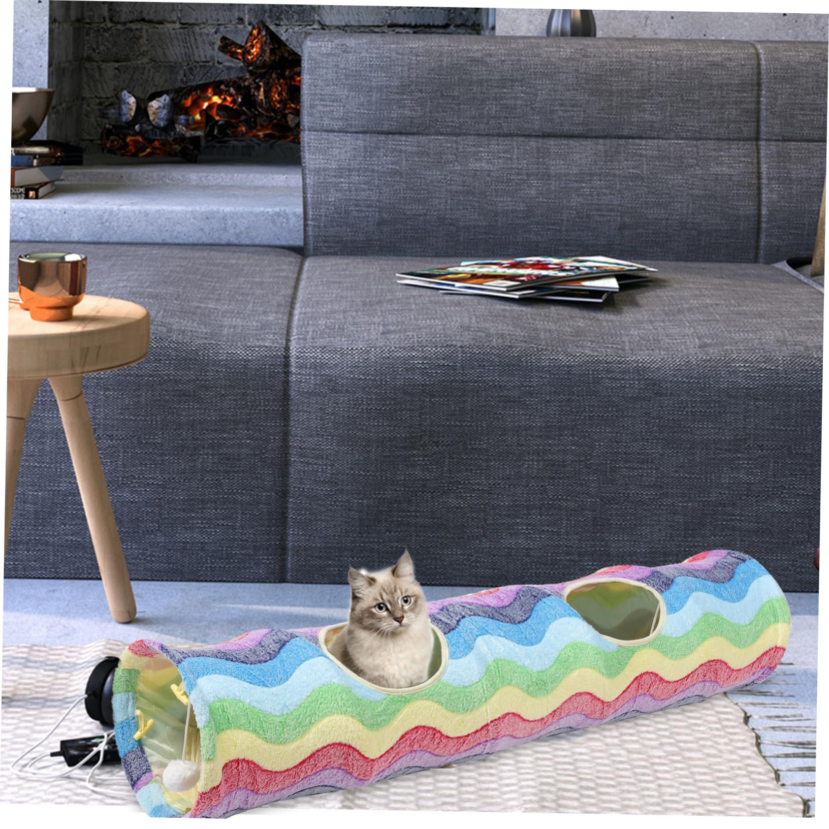Spielzeug zum Erkunden und Spielen aus Flanell mit Regenbogenmuster Katzentunnel Faltbarer Katzen Tunnel Fördert Bewegung und Neugier der Katze