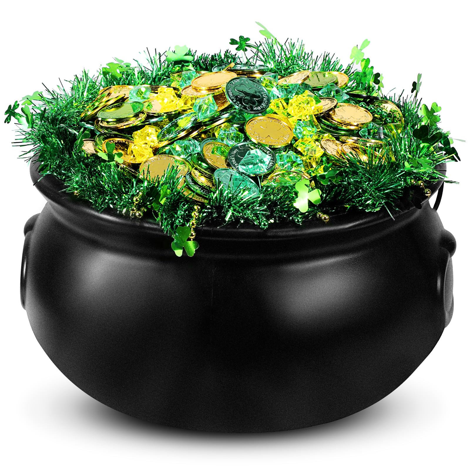 Sratte 615 Pcs St Patrick's Day Candy Cauldron Kettle with Handle Set Pot of Gold Shamrock Gold Green Coin Gem Leprechaun Clover Necklace Lucky Plastic Jewelry Treasure (Black, 12.6 x 7.09 in)