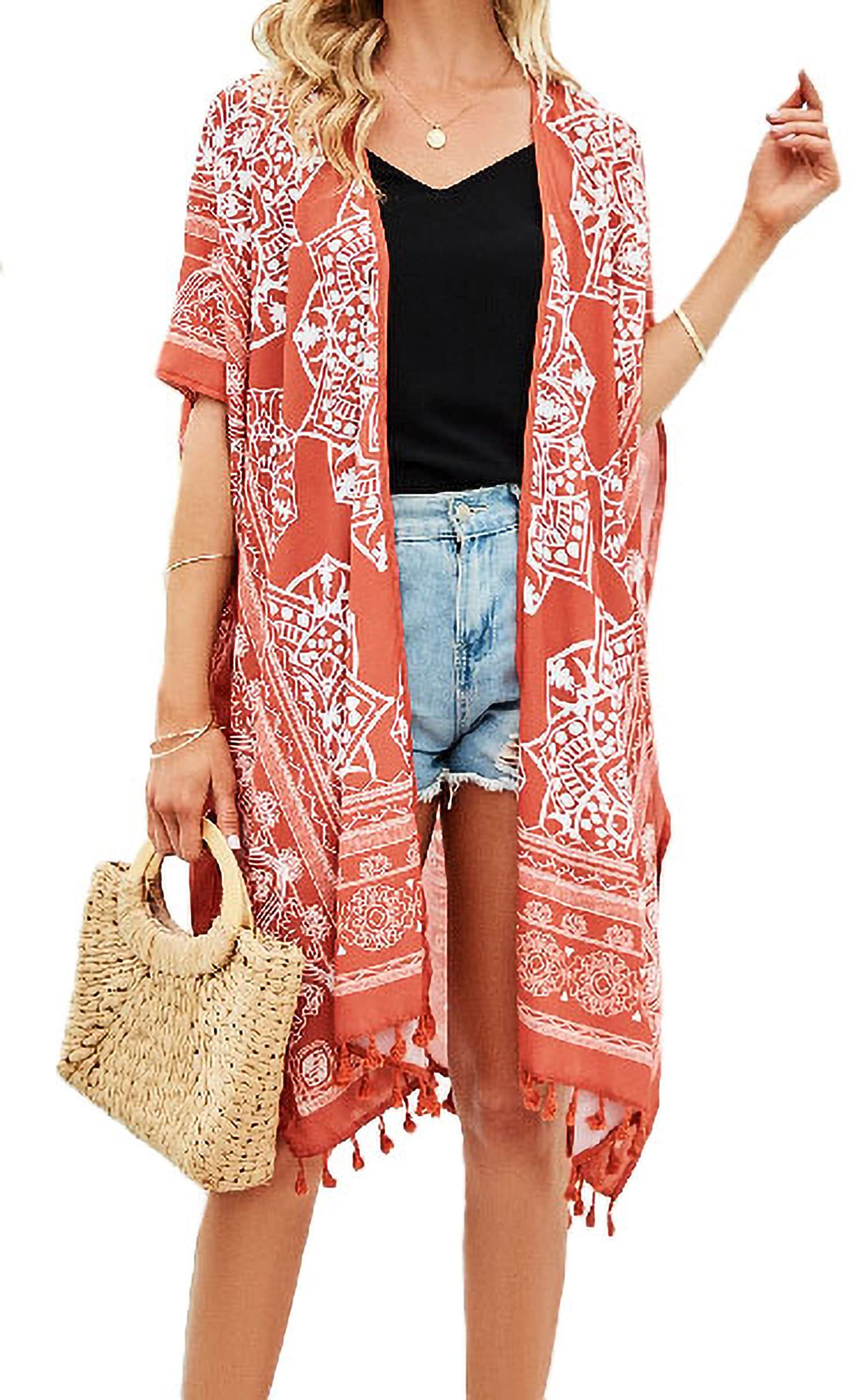 IXITON Las Mujeres de Manga Corta de impresión de Playa Chal Cardigan, Vacaciones Kimono Bikini Largo Chal de Playa Swim Cardigan Cover ups