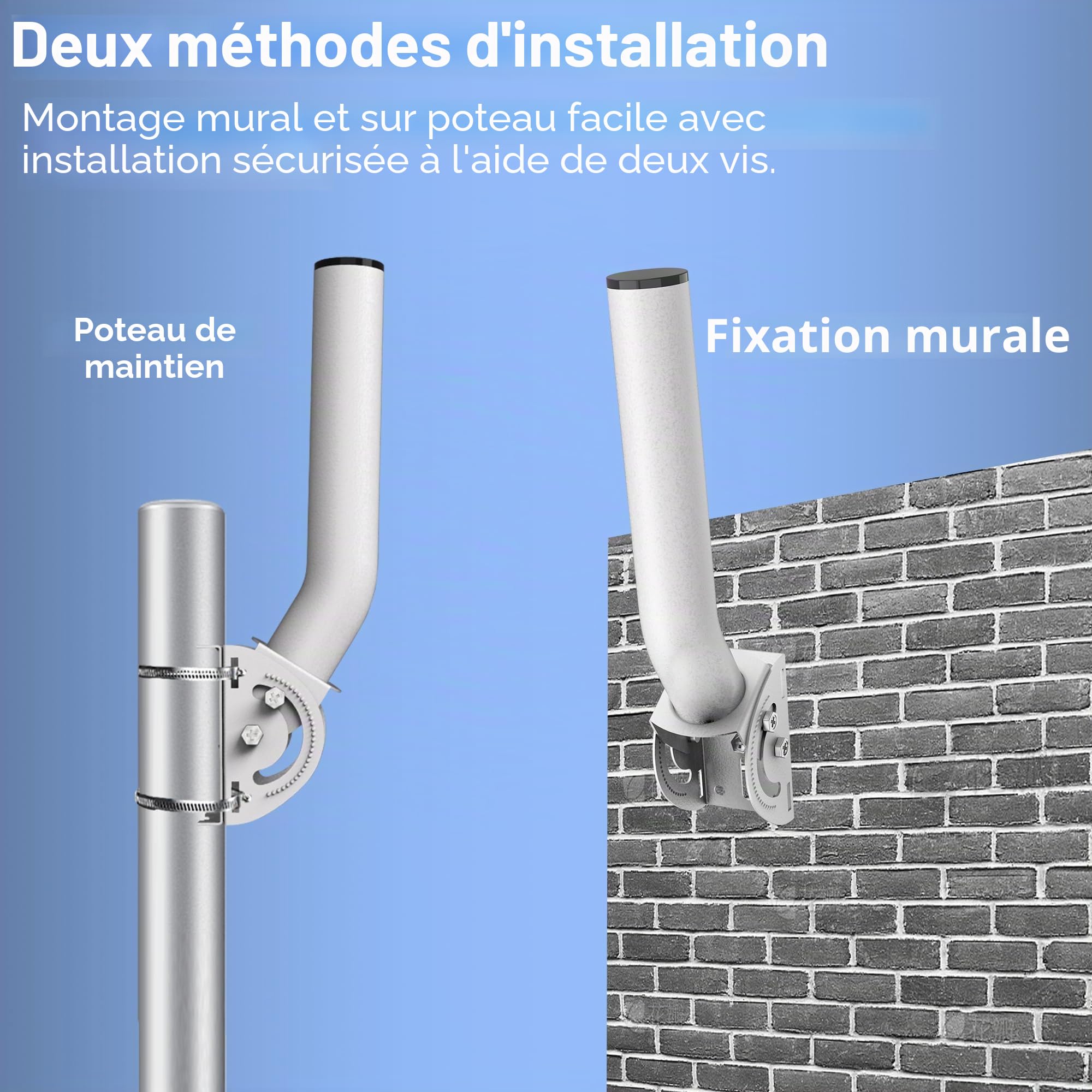 Mât d'antenne Universel pour antennes de télévision/Satellite/Radio/Wi-FI - Support d'installation sur Poteau et Mural réglable (Blanc - Paquet de deux)