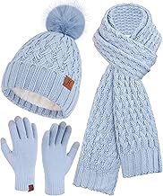 Bequemer Laden Womens Winter Hat Long Scarf Touch Screen Gloves Set Warm Beanie Hats Neck Warmer Knit Caps with Pom Fleece Lined Gifts for Women