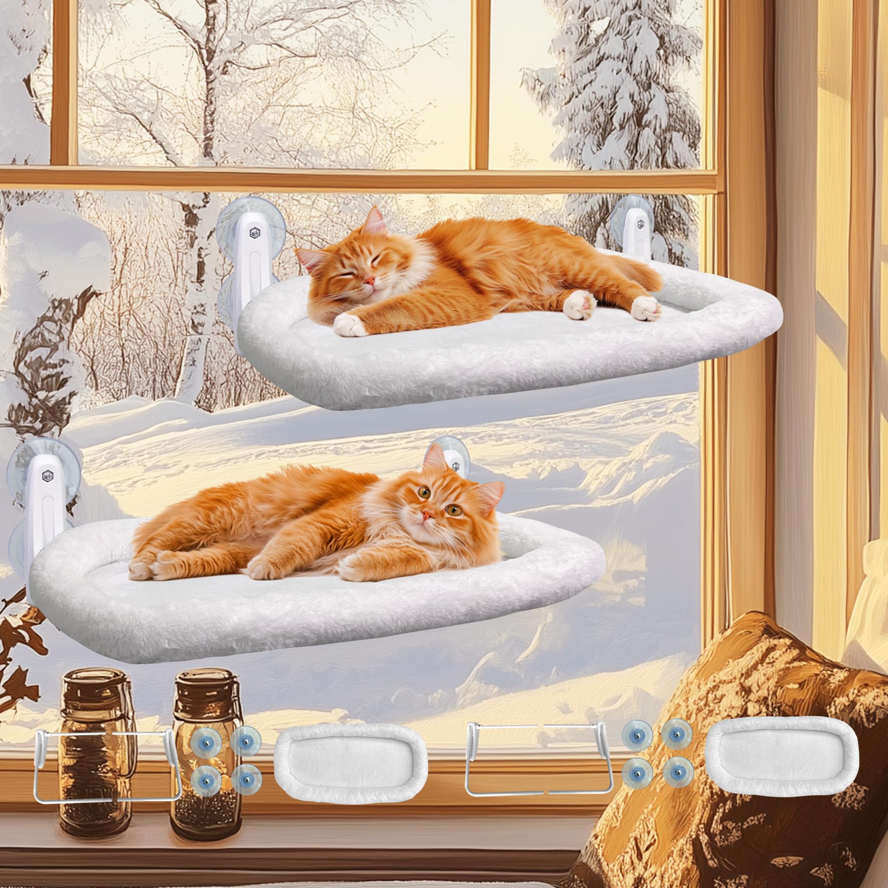 2PC Cat Window Perch Cushion Bed Cat Window Hammock with 4 Updated Suction Cups Easy to Assemble Cat Window Bed for Heavy Large Cats (L 2Pc)