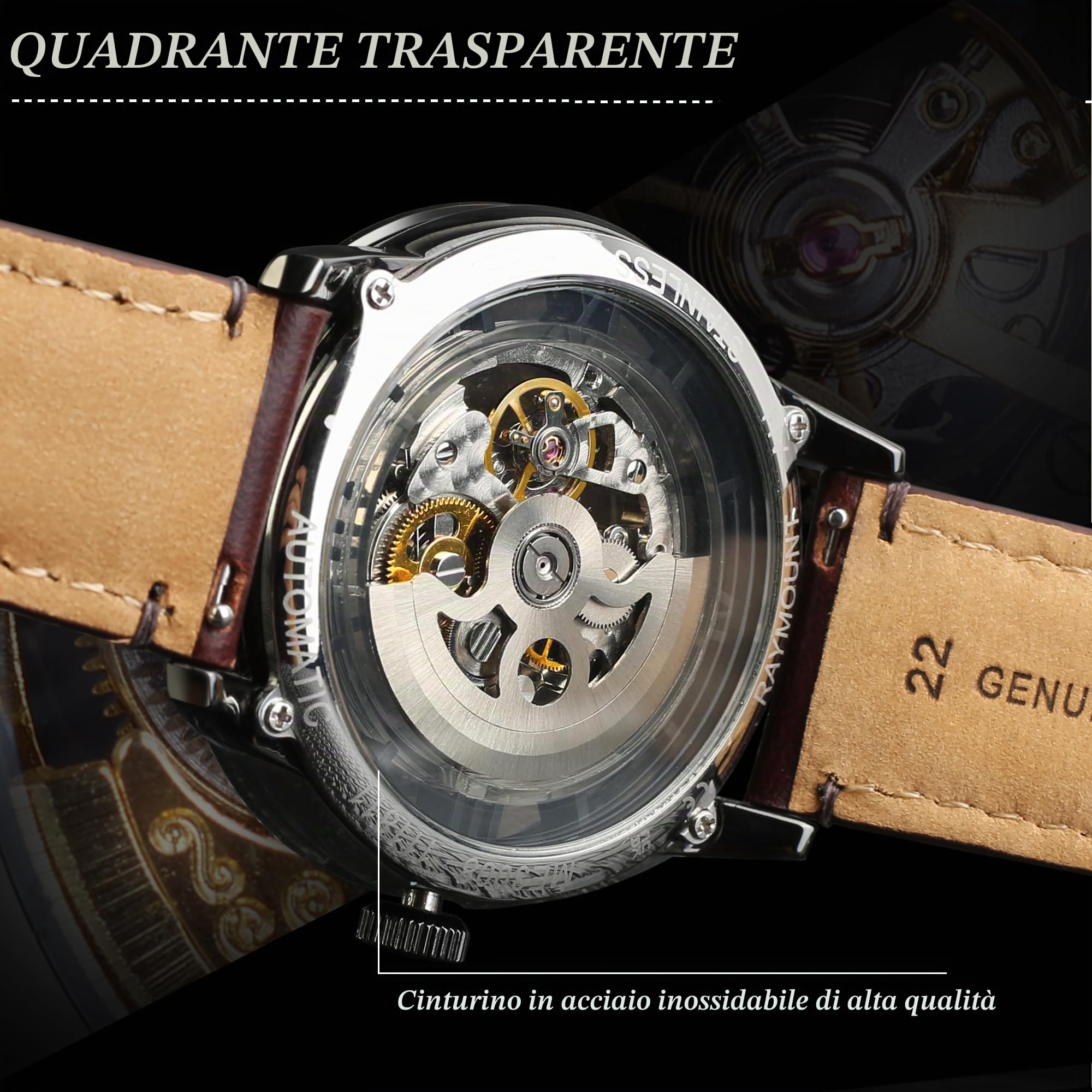 FORSINING Orologio automatico da uomo, orologio automatico da uomo, quadrante scheletrato e cinturino in pelle doppio lato orologio traforato per uomo