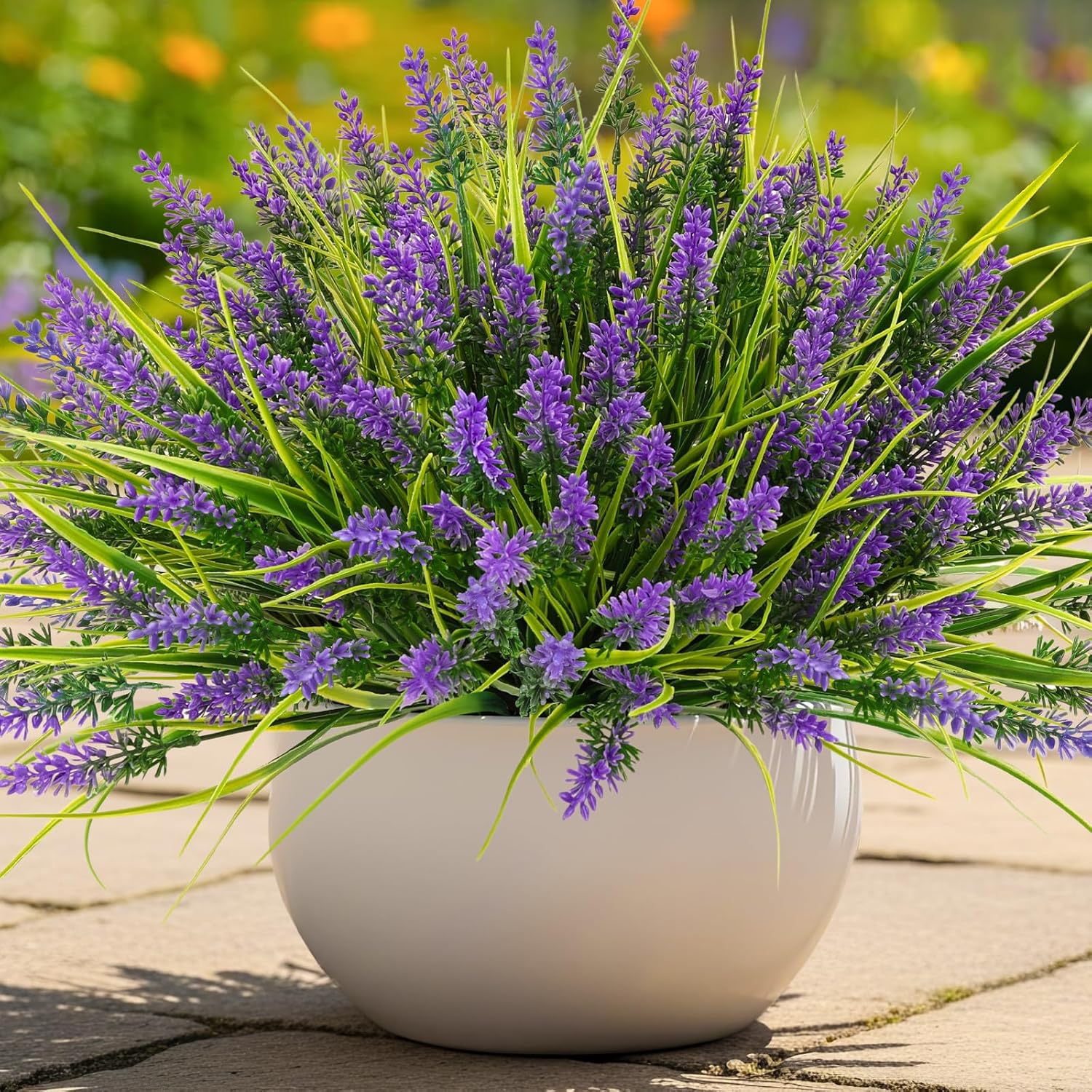 N&T NIETING Artificial Plants Outdoor, 20 Bundles Fake Monkey Grass with Spring Flowers, UV Resistant Faux Plants for Garden Window Office Patio Hanging Planter Pathway Front Porch Home(Purple)