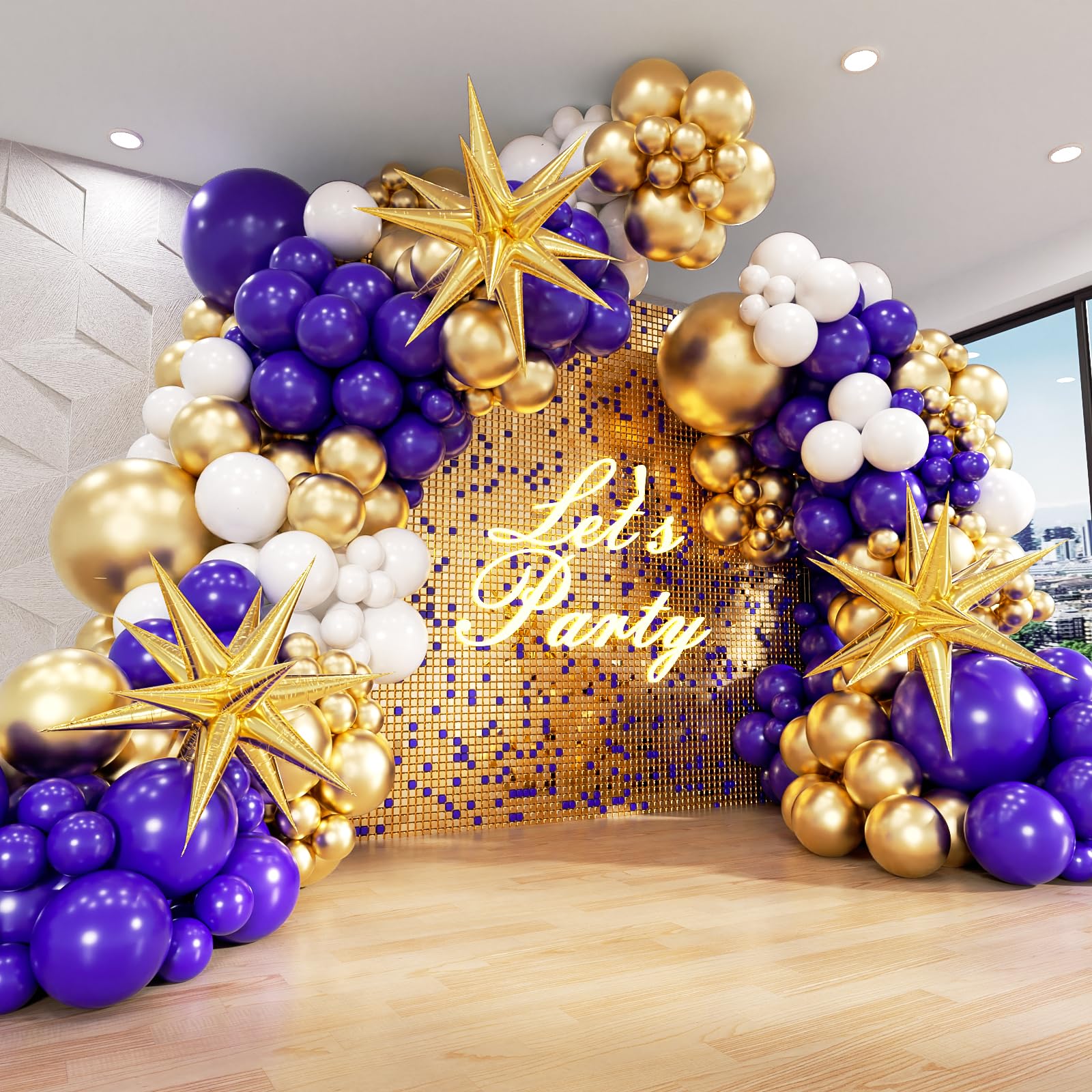FOTIOMRG Purple and Gold Balloons Garland Arch kit with 3pcs Star Balloon, Metallic Gold Dark Purple White Balloons for Wedding Birthday Baby Shower