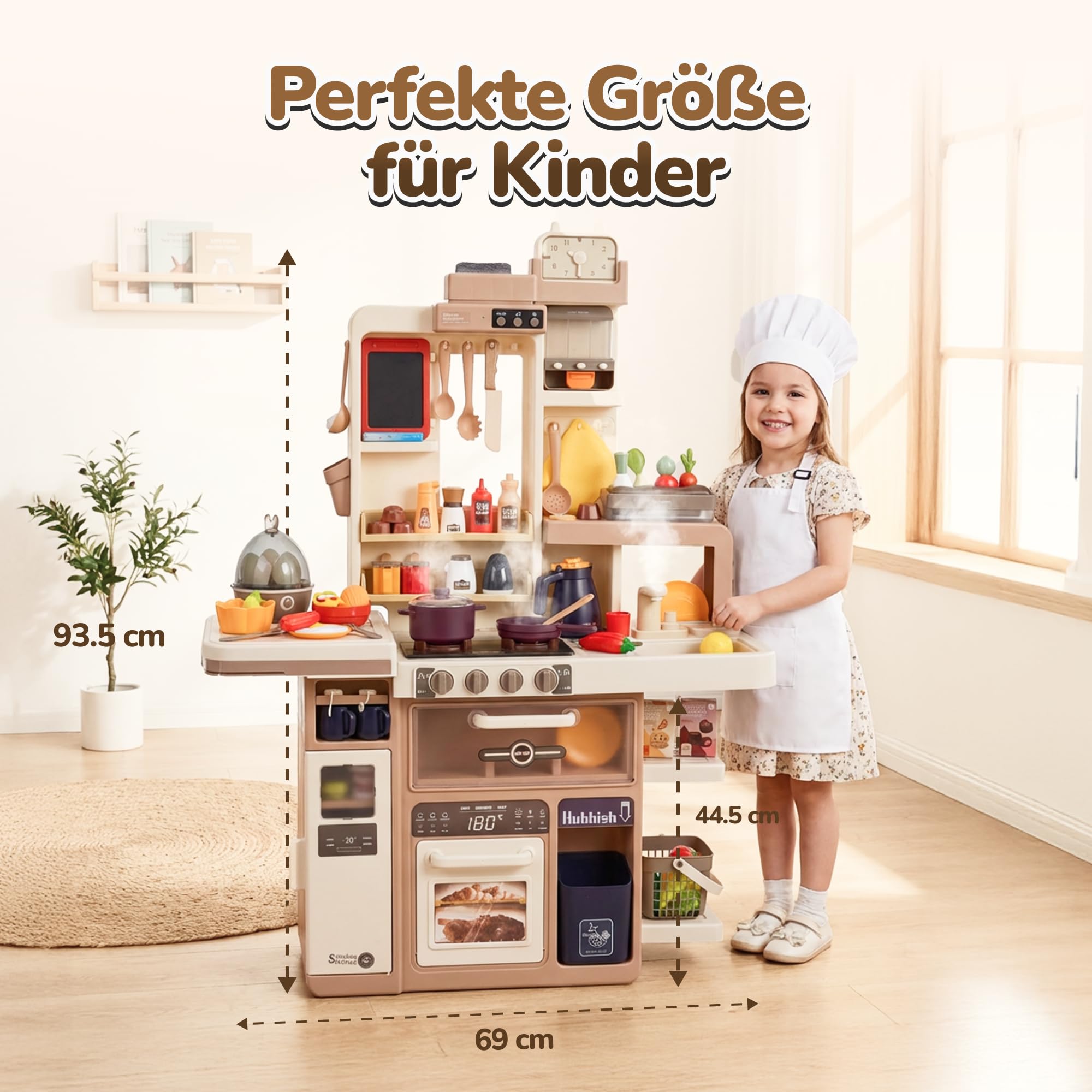 Kinderküche mit Licht, Sound, Wasser & Dampf – Realistische Spielküche ab 3 Jahren – 88-teiliges Zubehör, Eierkocher, Tafel & Dunstabzug – H 93 cm, Stabiler Kunststoff mit Waschmaschine