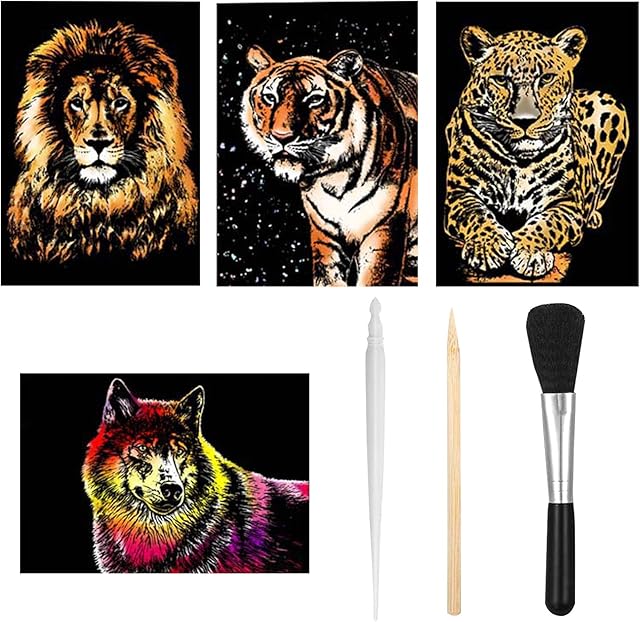 Lanzn 7 PCS Animal Scratch Art, Rainbow Scratch & Sketch Art Paper A4 Scratch Painting Paper Colour Scratch Paper for Adults Etch Art Scratchboard Engraving Art Craft Scratch Cards for Kids