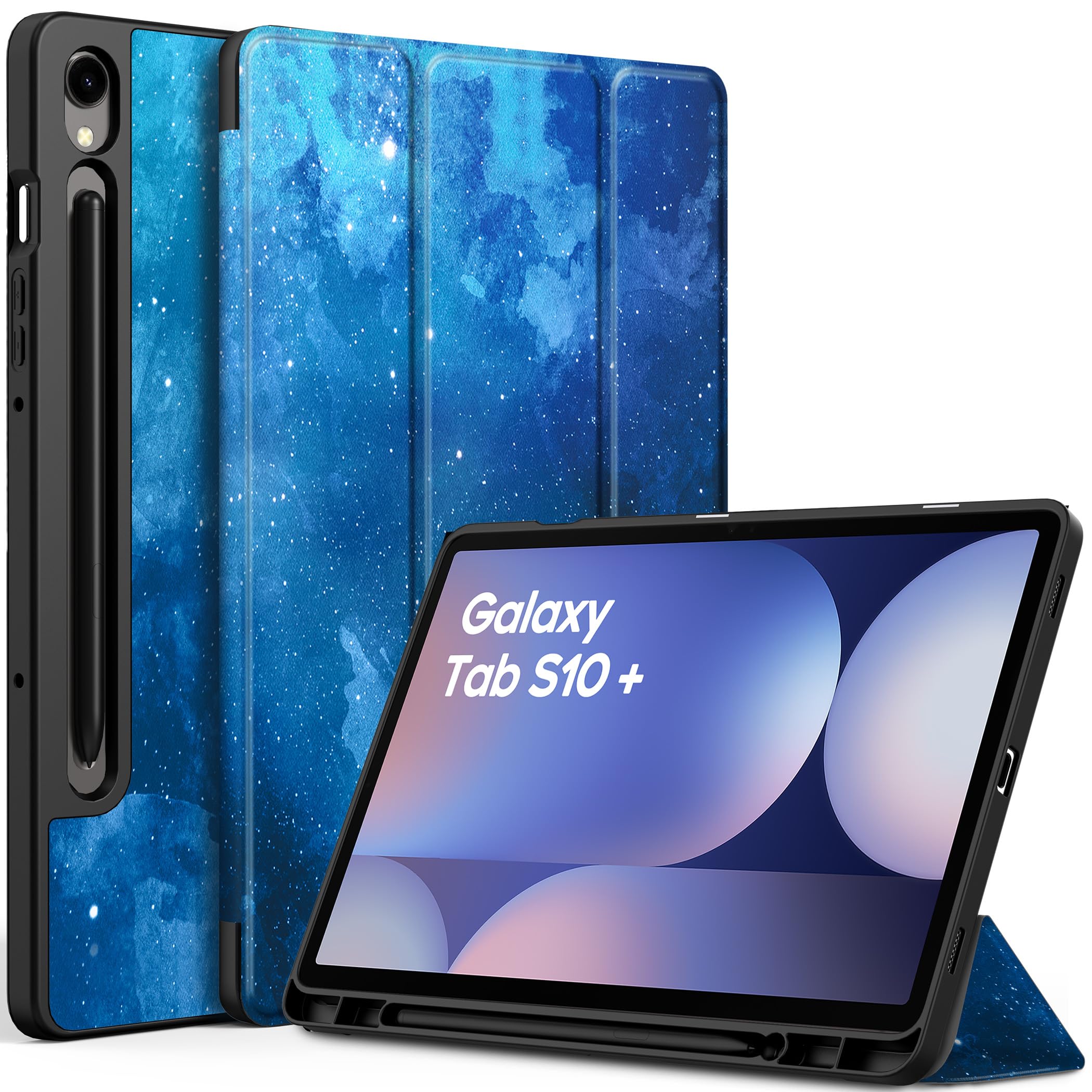 EasyAcc Etui do Samsung Galaxy Tab S10+, Galaxy Tab S9 FE+/S9 Plus 12,4 cala z uchwytem S Pen - ultra cienkie z funkcją stojaka Slim PU skórzane etui ochronne, niebieskie gwiazdy
