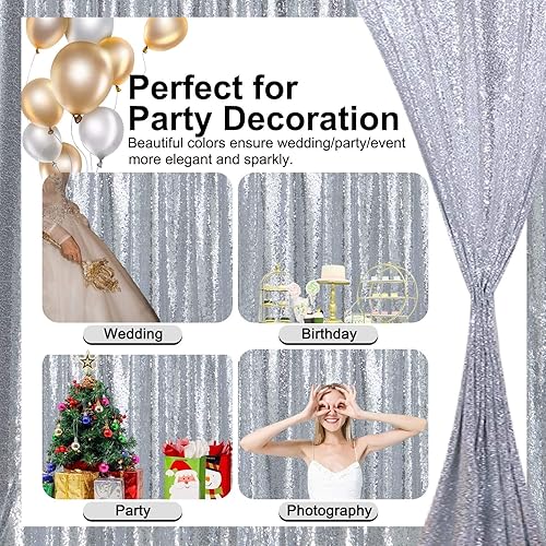 Miniatura 5 de TCBESTO Cortinas de fondo de lentejuelas plateadas con purpurina de 2 x 8 pies, 4 paneles para decoración de bodas, fiestas de cumpleaños,