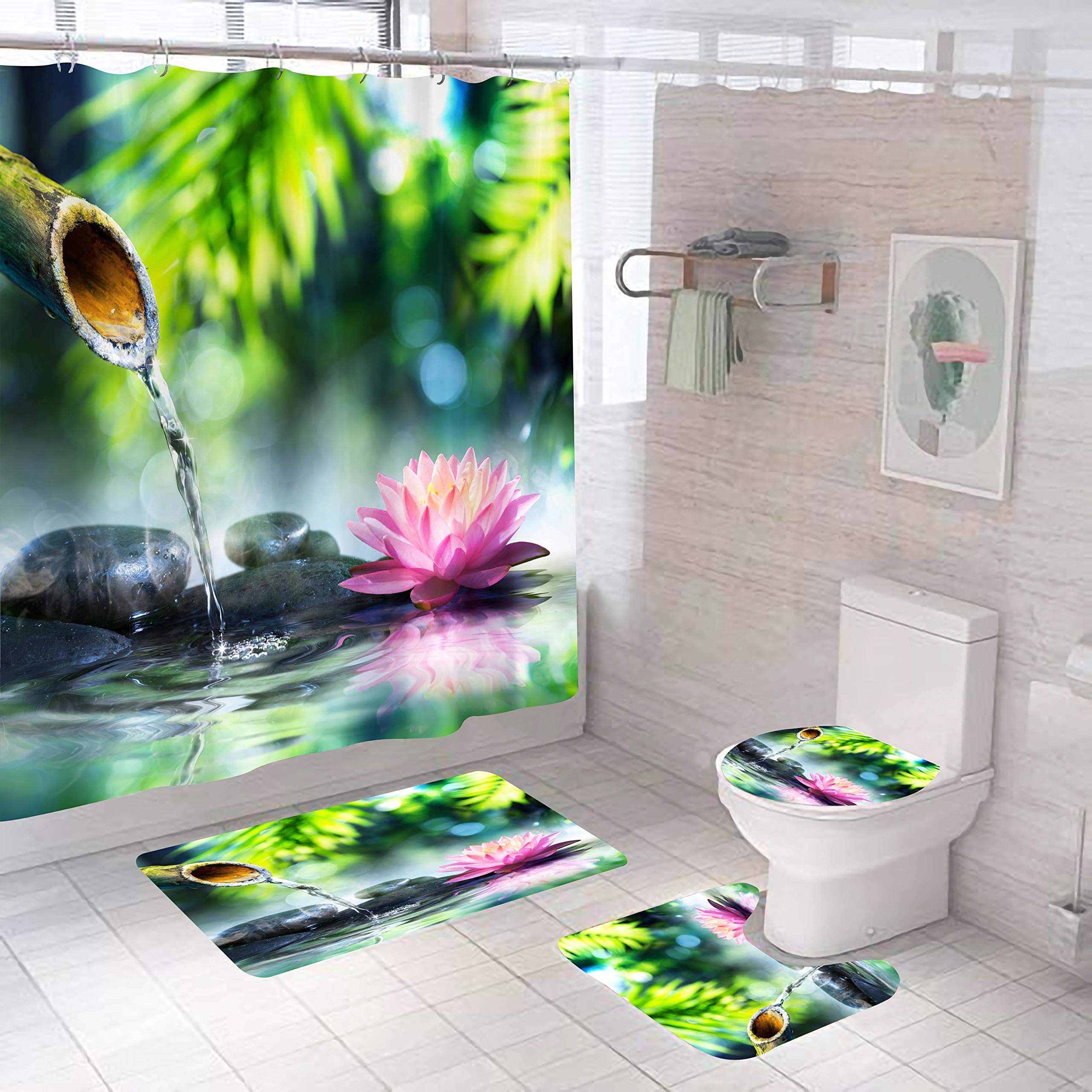 Juego De 4 Alfombras De Baño Loto Alfombra De Secado Rápido 50×80 Cm, Cubierta De Inodoro, Alfombra Tipo U Antideslizante Y Cortina De Baño