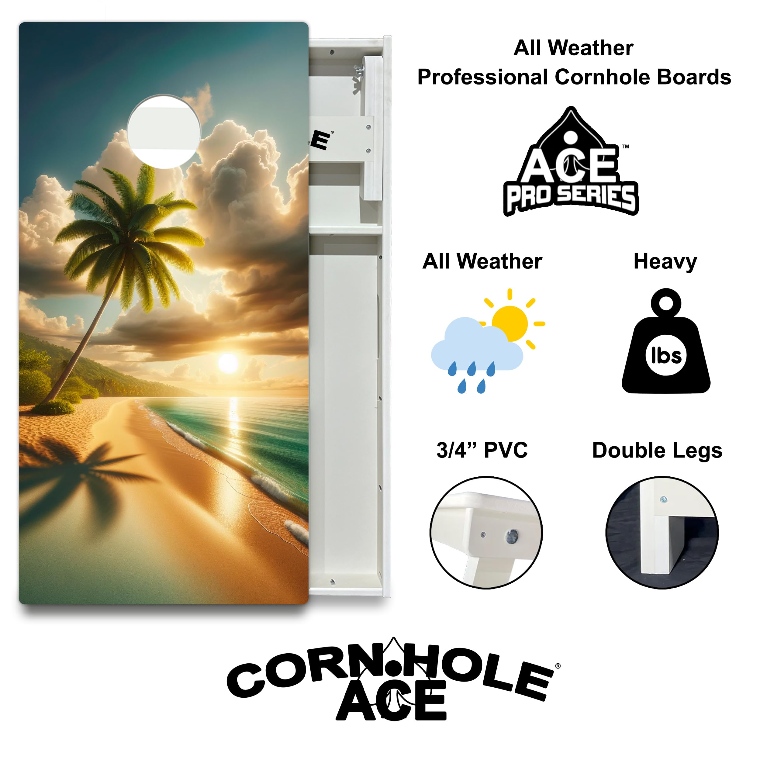 CornholeAce Beach Paradise All Weather Pro Cornhole Board Set - Waterproof 4x2 Regulation Size, Made in USA, Triple Wide Legs, 3/4