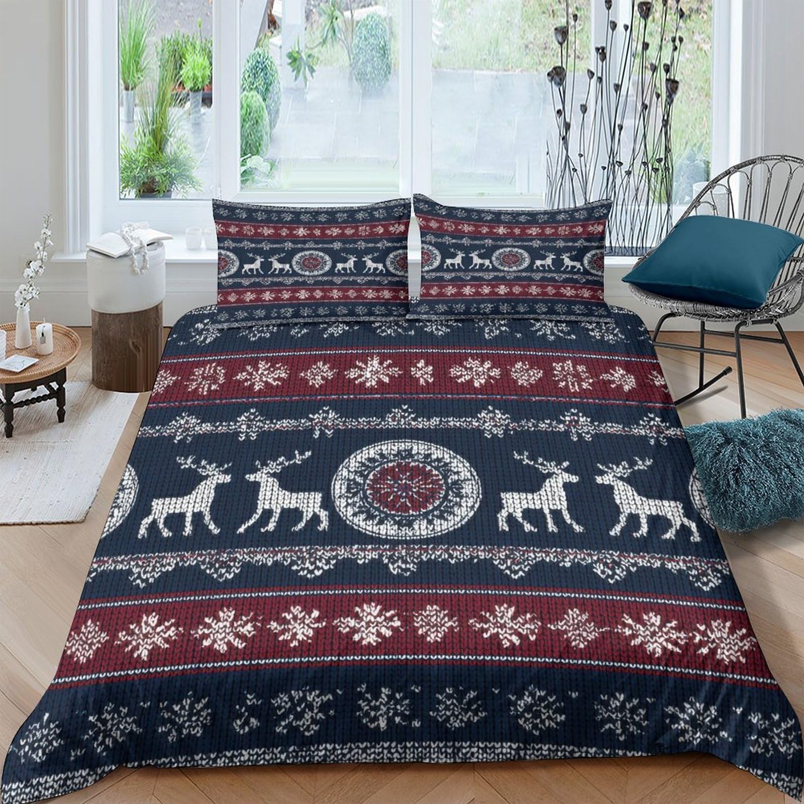 Ctjqhvkz Style-1 3D Printed Nordic Reindeer Fitted Sheet Microfiber Winter Snowflake Mattress Cover Anti-Slip Easy Care For Bedroom Guest Room Decor Single（135X200cm）