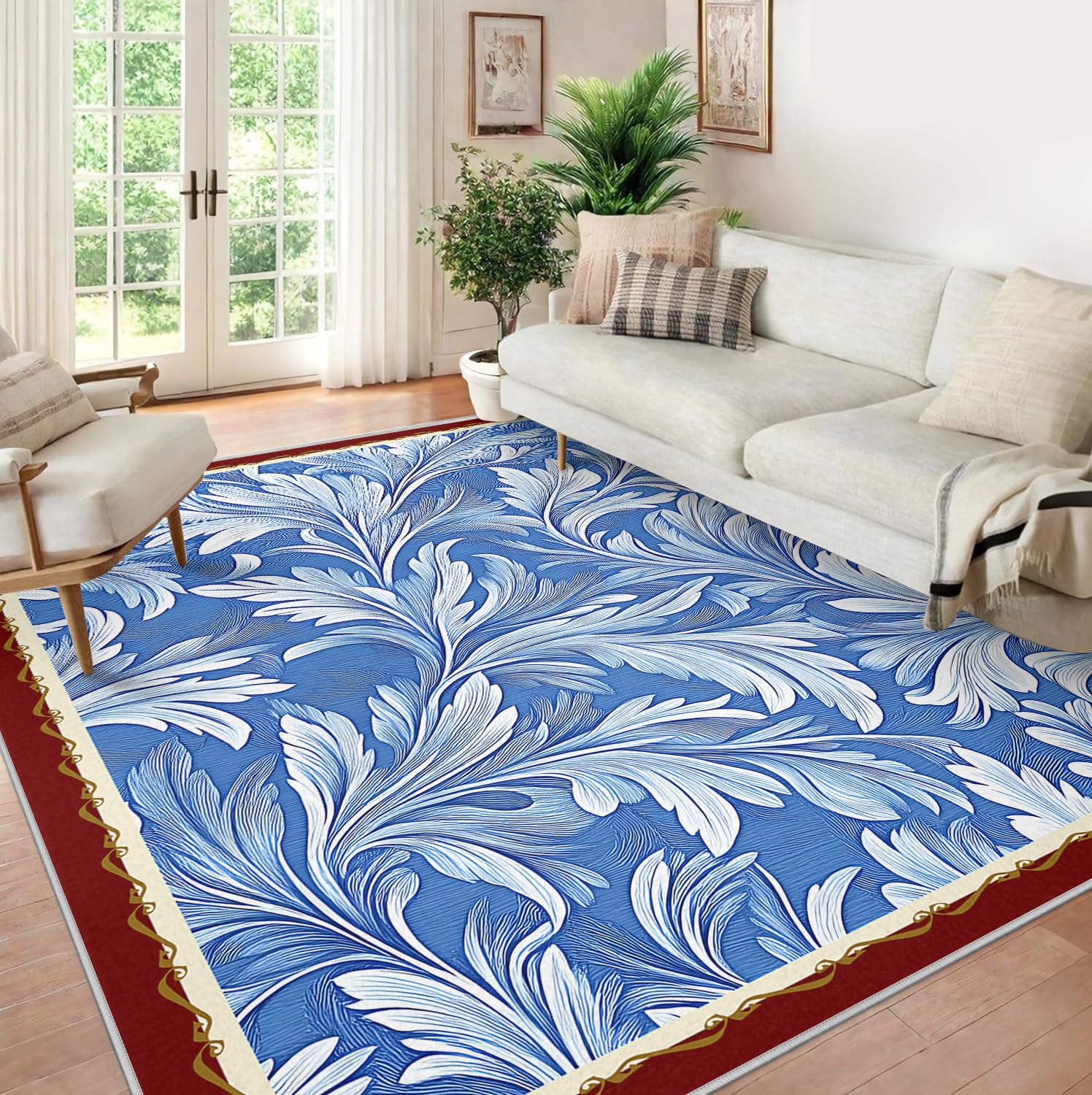 Tapis bleu marine 60x90cm vintage classique à motifs de feuilles