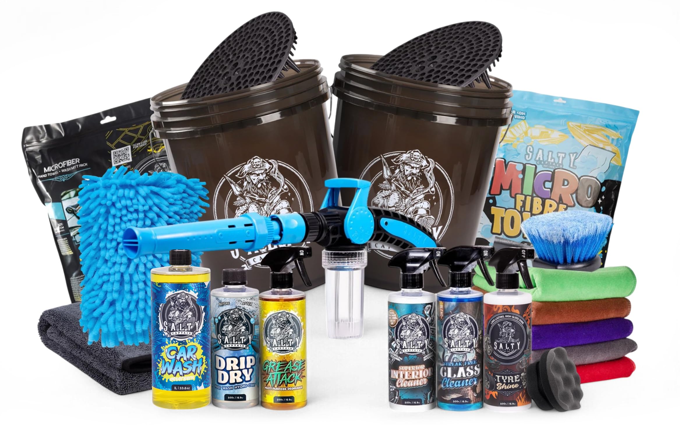 Salty Captain Mega 20-Piece DIY Car Cleaning Kit – All-in-One Car Detailing Kit with 2x Buckets, Towels, Brushes & 6x Cleaning Fluids – Captain’s Musket Foam Gun for Garden Hose – Premium Quality
