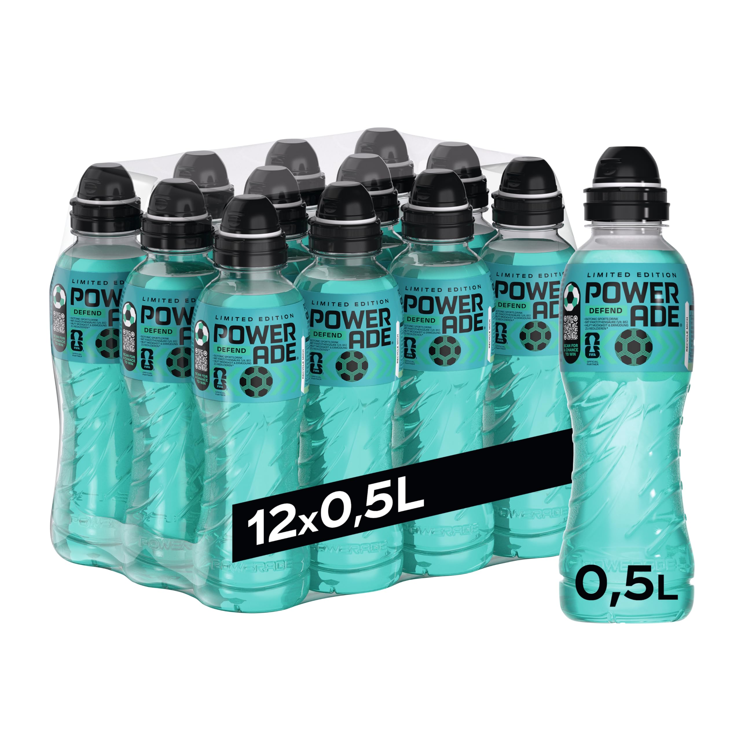 Powerade Sports Defend – Limitierte Edition zur Fußball WM – Kalorienreduziertes Sportgetränk mit Hibiskus-Geschmack - Elektrolytgetränk in Einweg-Flaschen mit Sport-Cap (12 x 500ml)