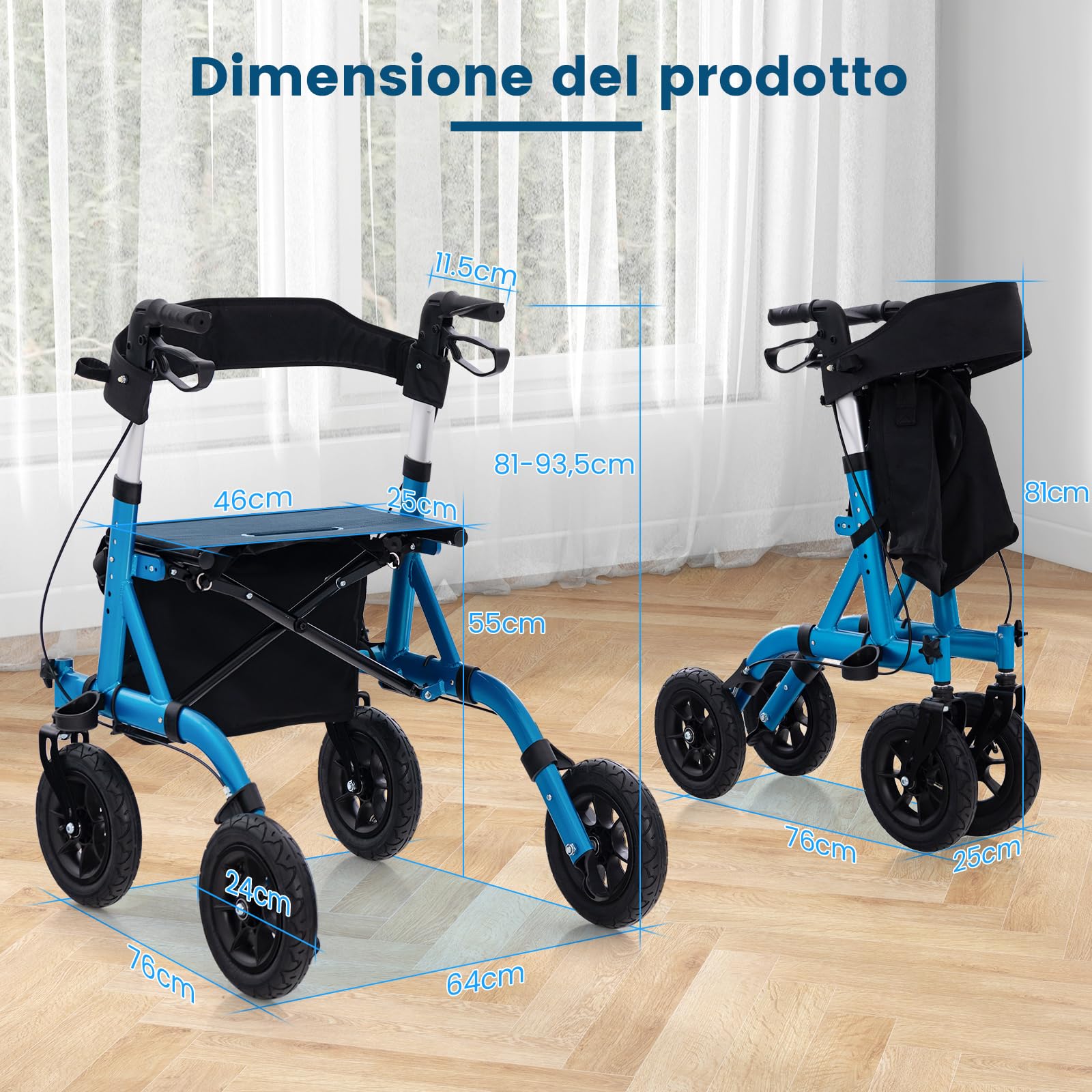 COSTWAY Deambulatore con Seduta 2 in 1, Rollator Pieghevole per Anziani con 4 Ruote, Maniglie Regolabili in Altezza 81-94cm, Portaombrelloni e Borsa Portaoggetti, Carico Massimo 160 kg (Blu)