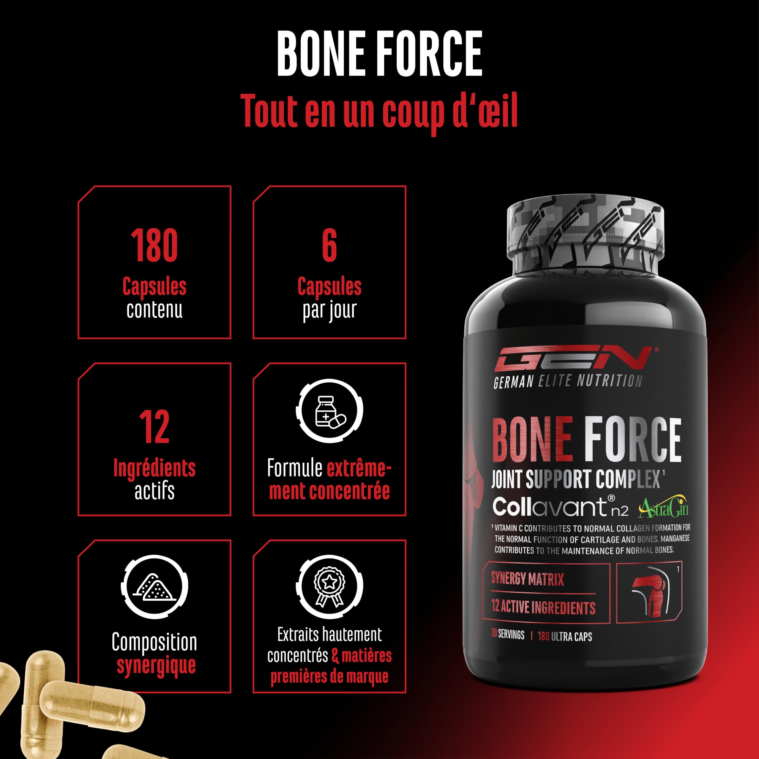 Bone Force - Complexe Articulaire Premium avec Collavant® N2 (Collagène de Type II), AstraGin®, Glucosamine, MSM, Chondroïtine, Cissus & Acide Hyaluronique - 180 Gélules Ultra
