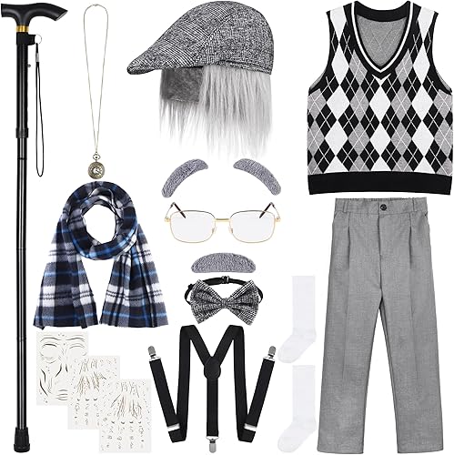 SOMSOC Disfraz de 16 piezas de 100 días de escuela para niños disfraz de anciano juego de abuelo para la escuela fiesta de cosplay