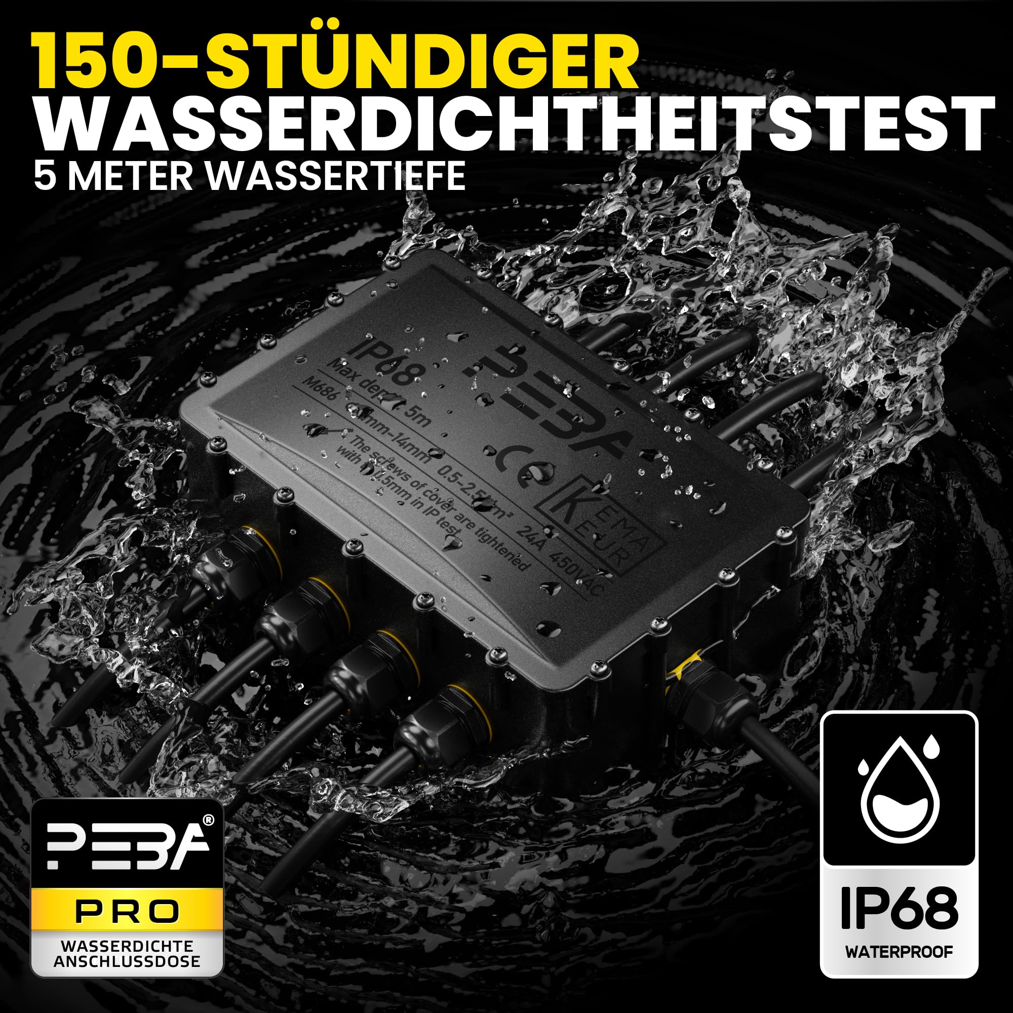 PEBA Abzweigdose IP68, Erdkabel Klemmdose Verbindungsdose, Übergroße 9 Wege Junction Box, Klemmkasten, Wasserdichte Kabelverbinder, Aufputz Verteilerdose Außen Wasserdicht, für 4-14 mm Kabel, Schwarz
