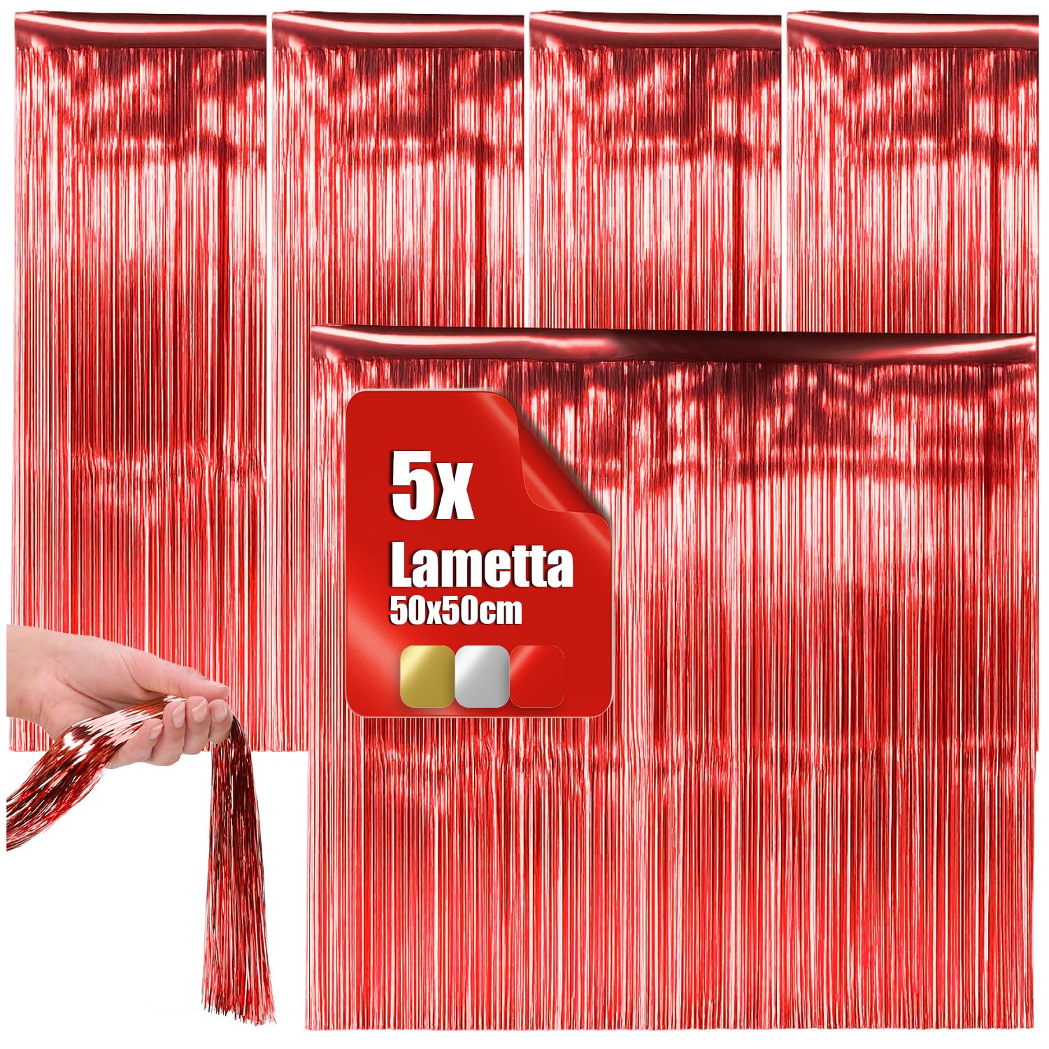com-four® 5X Lametta - rote Lametta Girlande für Weihnachten - Christbaumschmuck für den Tannenbaum - Lametta-Vorhang mit glatten Fäden (rot Premium - 5 Stück)