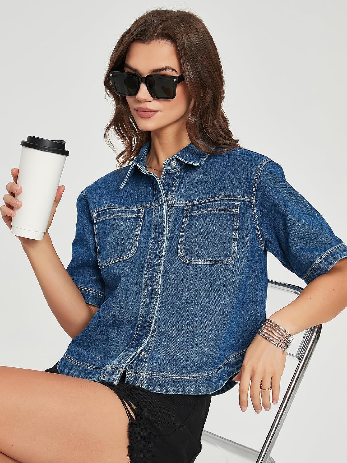 Kedera Women Denim Shirt Tops Short Sleeve Button Down Casual Jean Coat Trendy Jacket Shacket