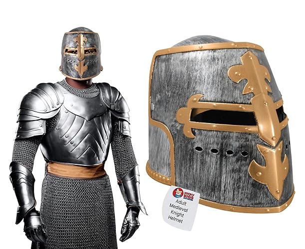 Nicky Bigs Novelties Medieval Knight Costume Adult Helmet Crusader Knight Armor Costume Metal Crusader Helmet - One Size - Silver