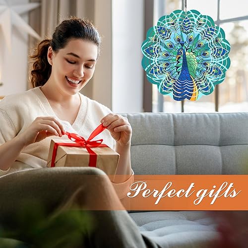 Miniatura 2 de Molinillos de viento de metal de pavo real, regalos para mujeres, mamá, abuela, esposa, hilandero de viento colgante para decoración de exteriores e