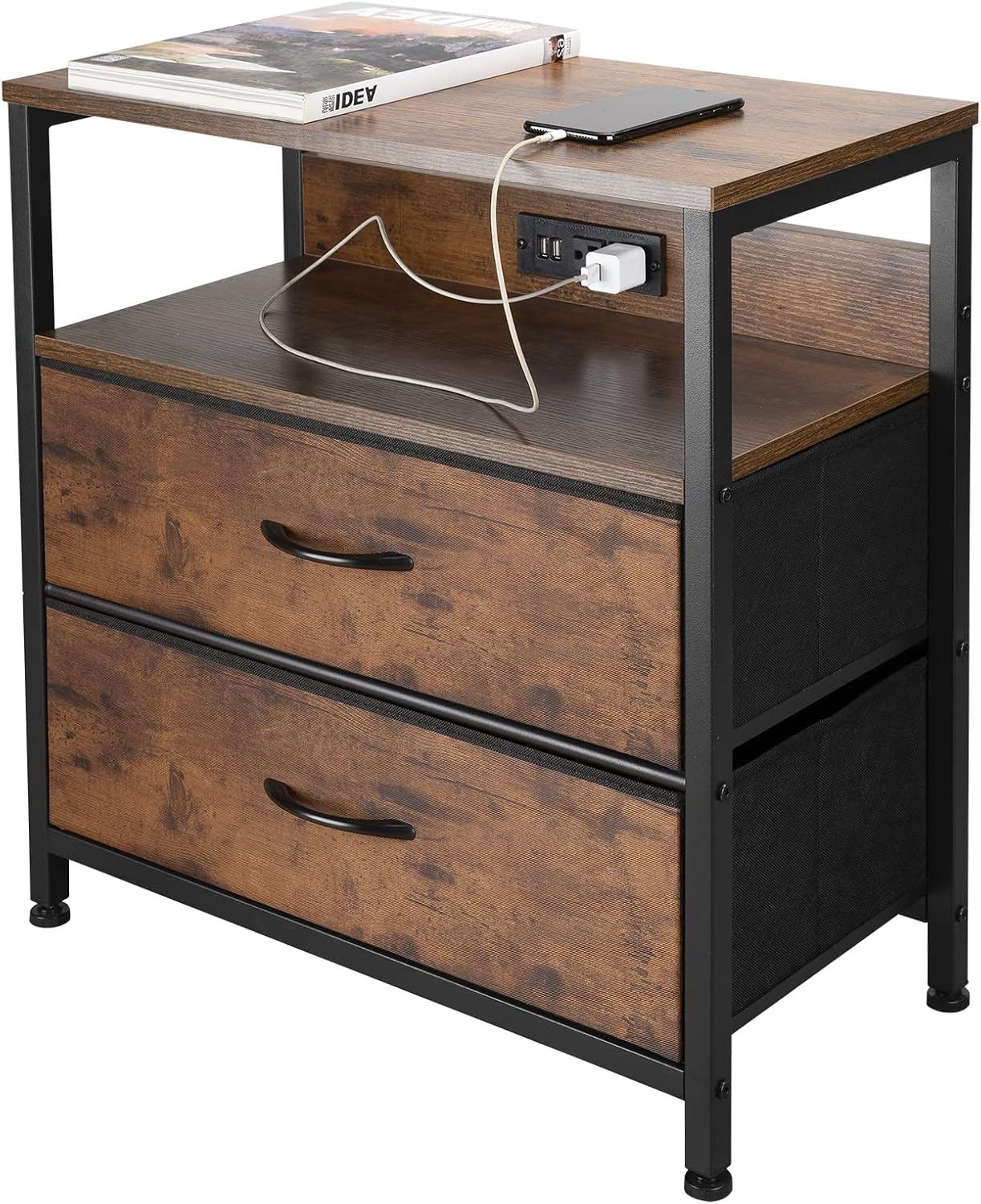 rustic side table fabric drawer detail