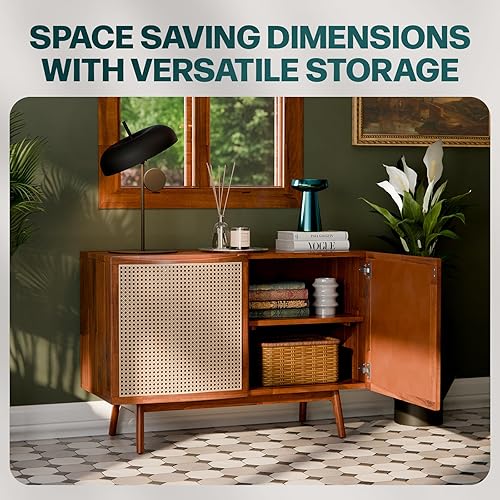 Miniatura 40 de Bme Oliver Mesita de noche de ratán de madera maciza, mesa auxiliar, totalmente montada, para dormitorio y sala de estar, estilo bohemio y de