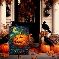 Vista 5 de Bandera de jardín de Halloween con diseño de calabaza, bandera de jardín personalizada, divertidas banderas de jardín, artes, cielo nocturno