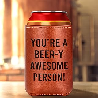 Funny Beer Appreciation Gifts for Men Christmas Birthday– “You’re a Beer-y Awesome Person” Leather Can Cooler Sleeve for 12oz Cans – White Elephant, Boss Day, Birthday, Coworker or Dad Gift