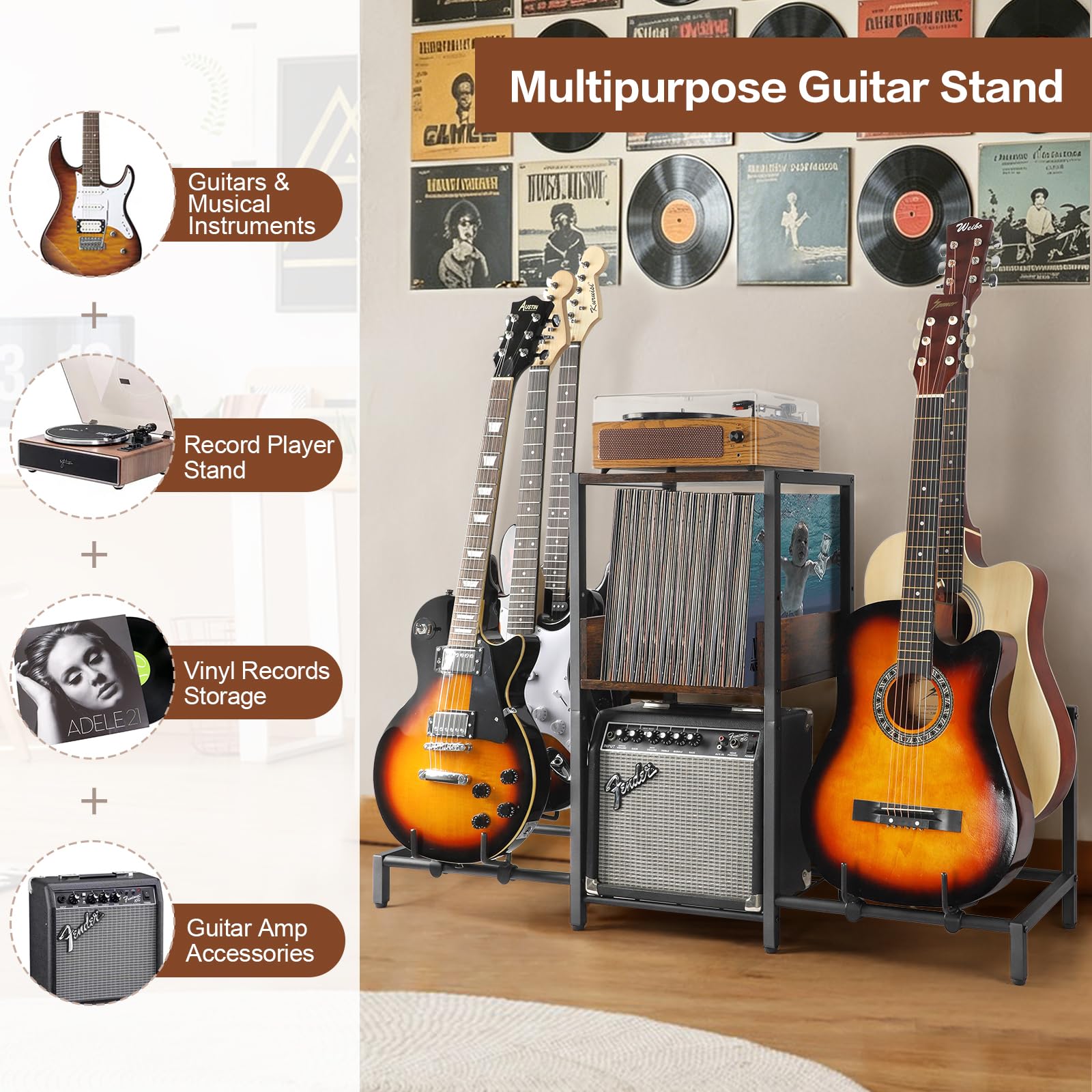 Bikoney Soporte de guitarra de 5 niveles para guitarra acústica, eléctrica, bajo, soporte de guitarra ajustable para múltiples guitarras, accesorios de amplificador de guitarra, exhibición de soporte